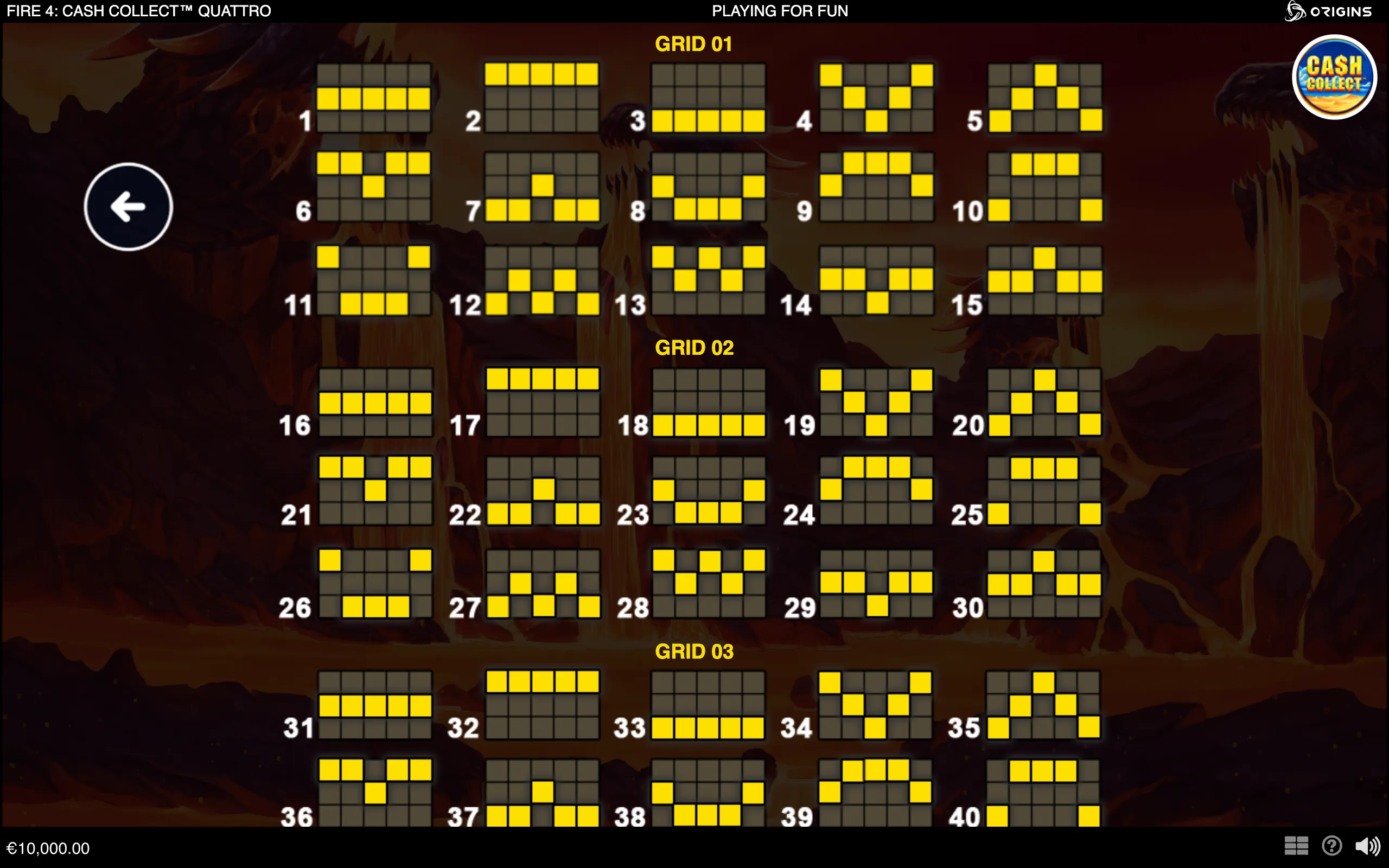 Fire 4: Cash Collect Quattro menu featuring numbered yellow-and-gray grid patterns over a dark volcanic landscape, with a Cash Collect logo and navigation controls.