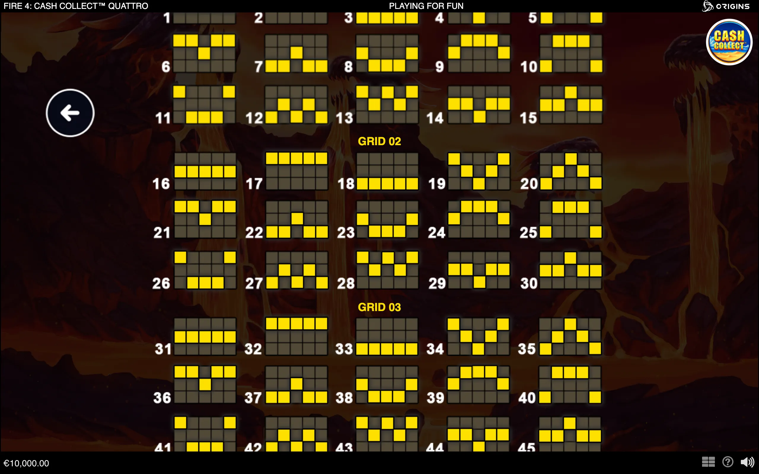Fire 4: Cash Collect Quattro displays numbered yellow-and-gray grid patterns over a dark volcanic landscape, with Grid 02 and Grid 03 labels and a Cash Collect logo.