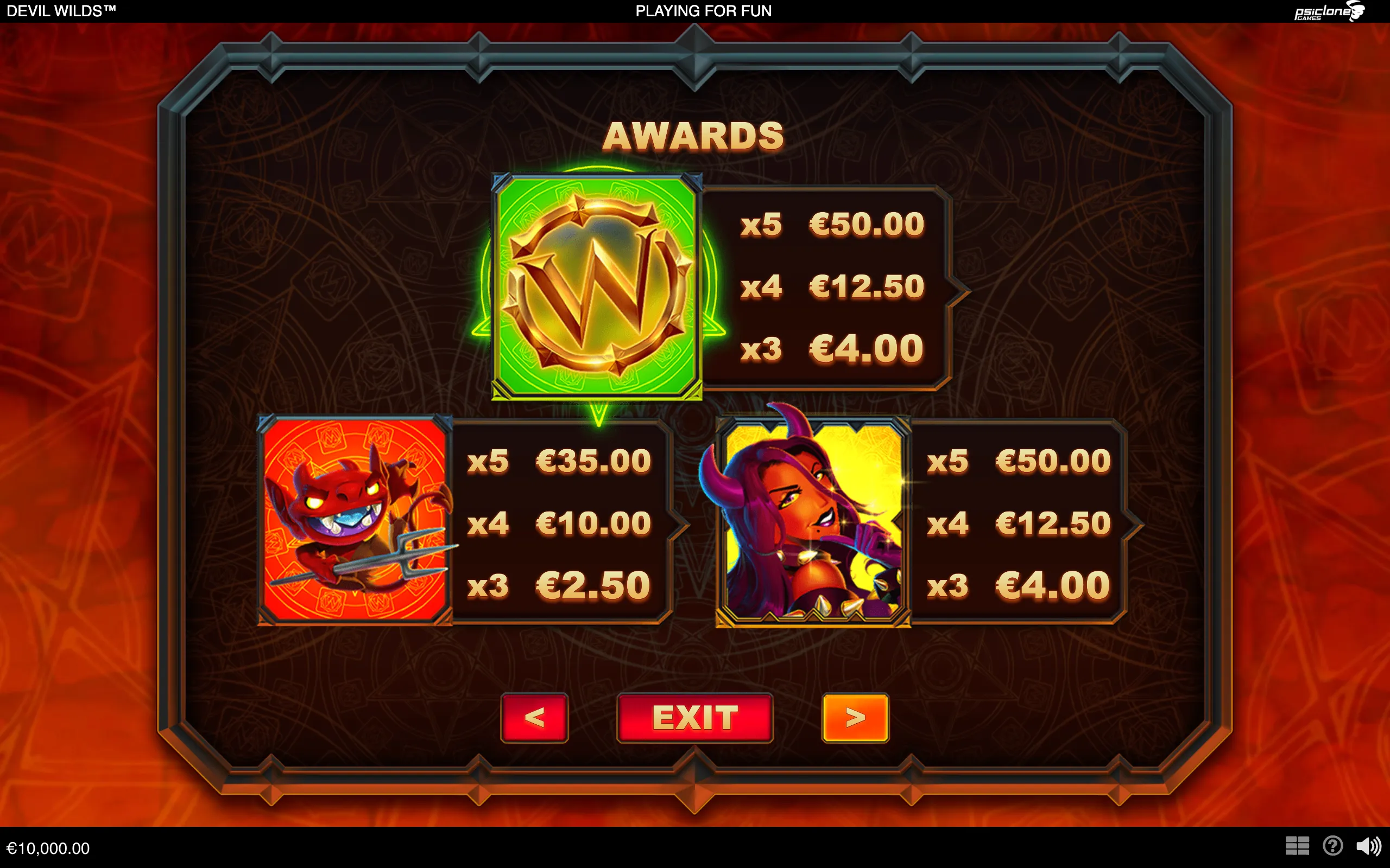 Devil Wilds awards panel featuring a golden wild symbol, a red devil with a trident, and a horned female devil alongside multiplier payout values against a fiery dark-red backdrop.