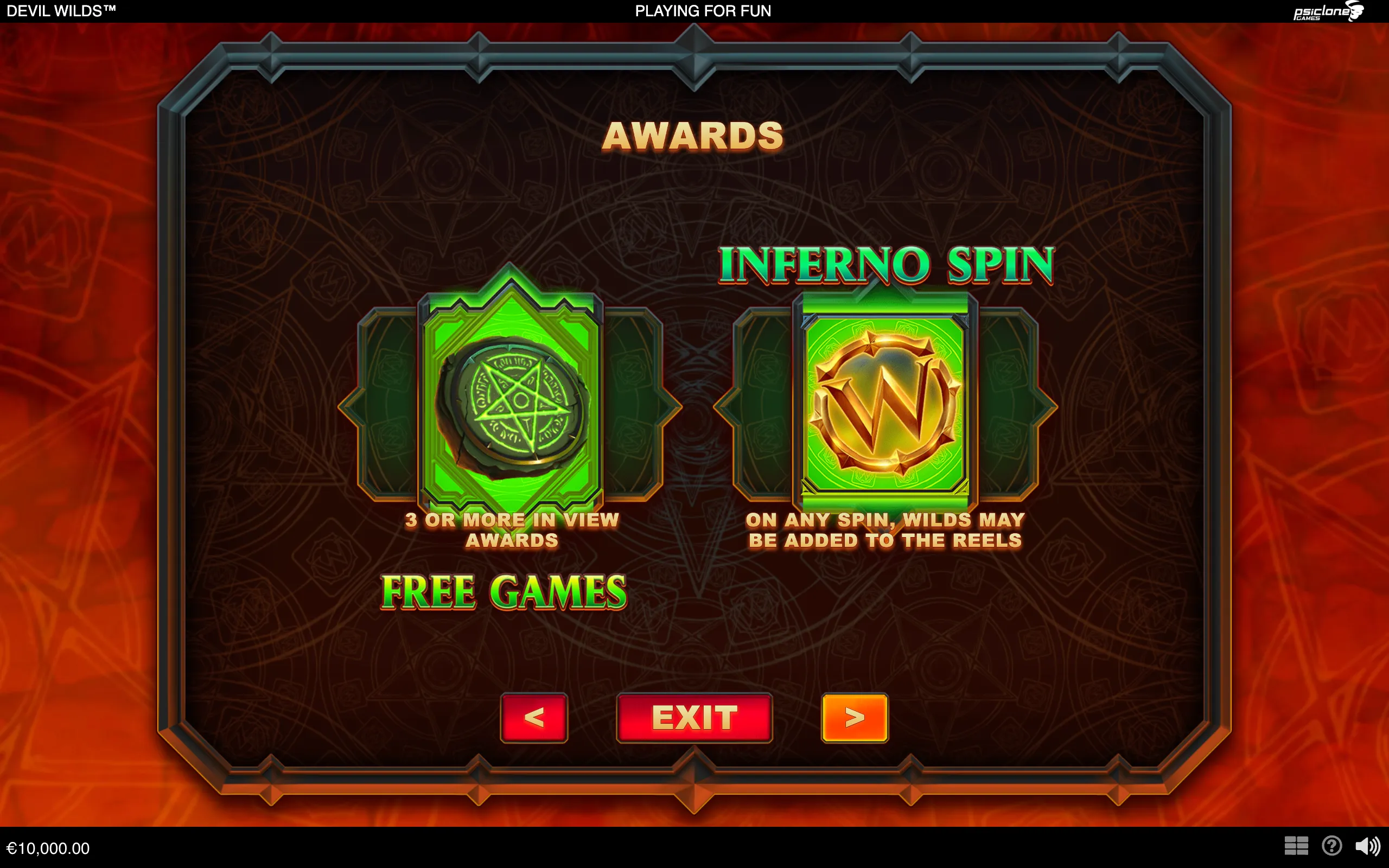 Devil Wilds feature guide with glowing green occult symbols, a gold W wild emblem, and fiery red infernal styling.