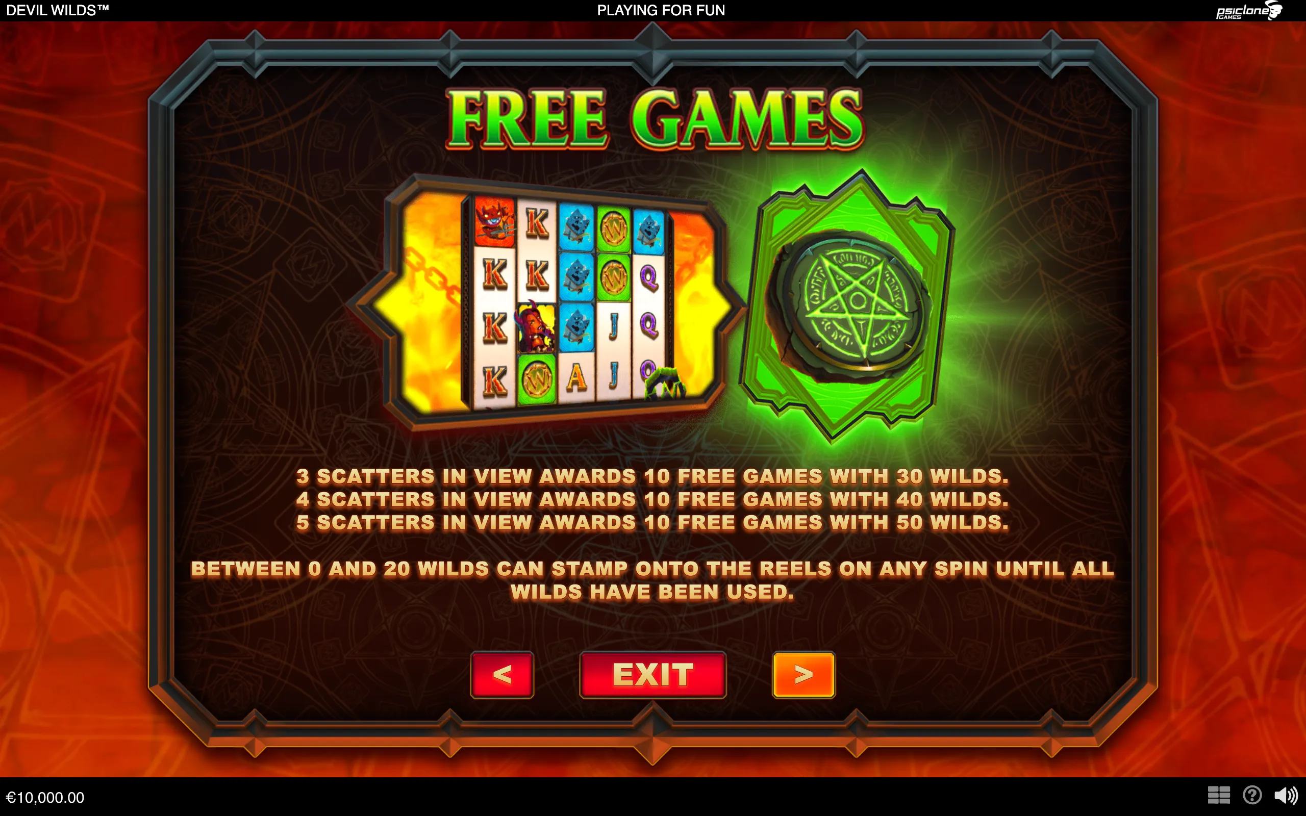 Devil Wilds free-games feature with a five-reel slot display, devil symbols, wild medallions, a glowing green pentagram, and fiery red occult-themed surroundings.