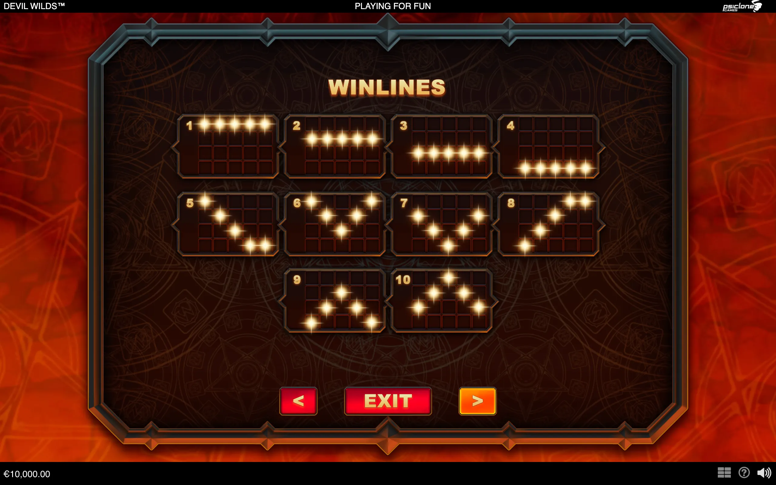 Devil Wilds winlines menu with ten numbered grid patterns, glowing position markers, metallic borders, and a fiery red-orange occult backdrop.