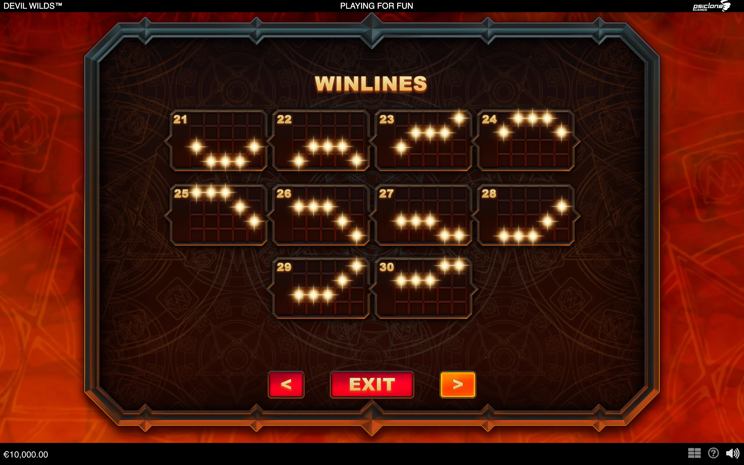 Devil Wilds winlines menu displaying patterns 21 through 30 with glowing position markers, framed by a fiery red-orange infernal backdrop.