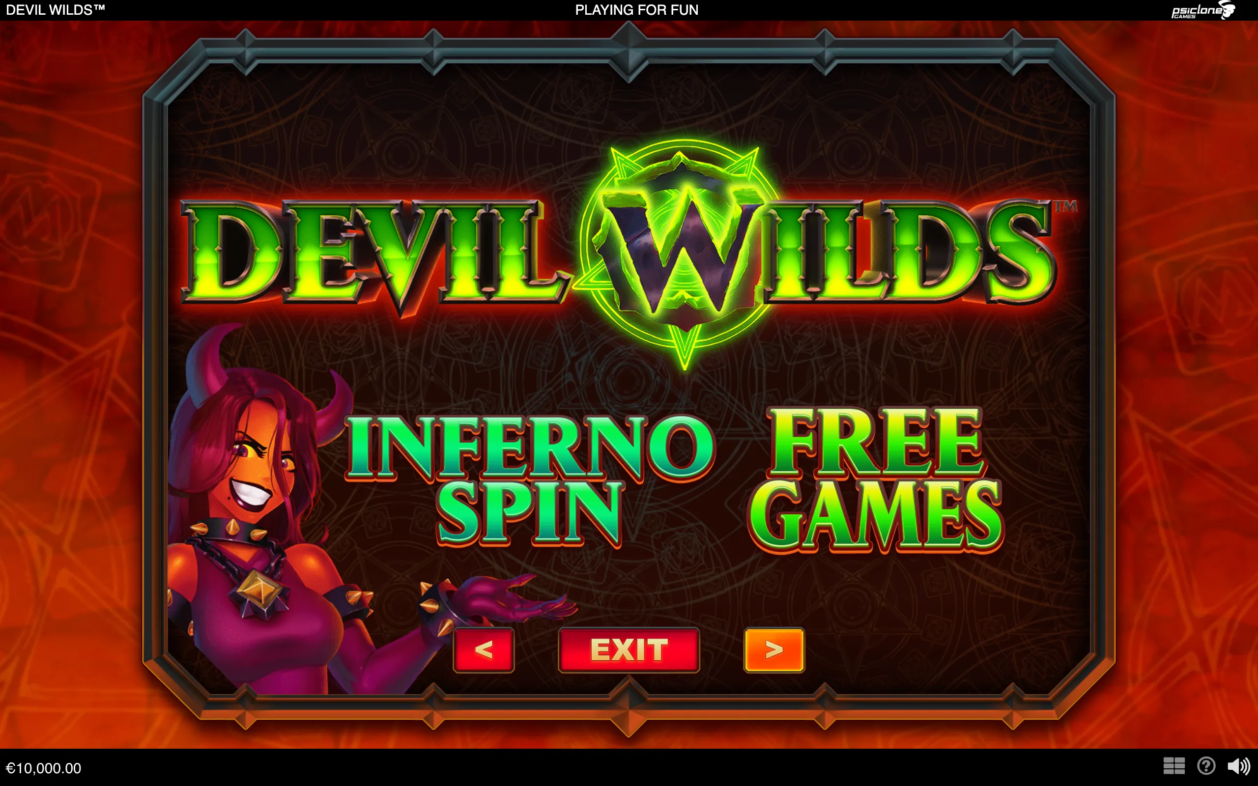 Devil Wilds slot title art with a horned demon woman, glowing green emblem, fiery red backdrop, and prominent Inferno Free Spin Games lettering.