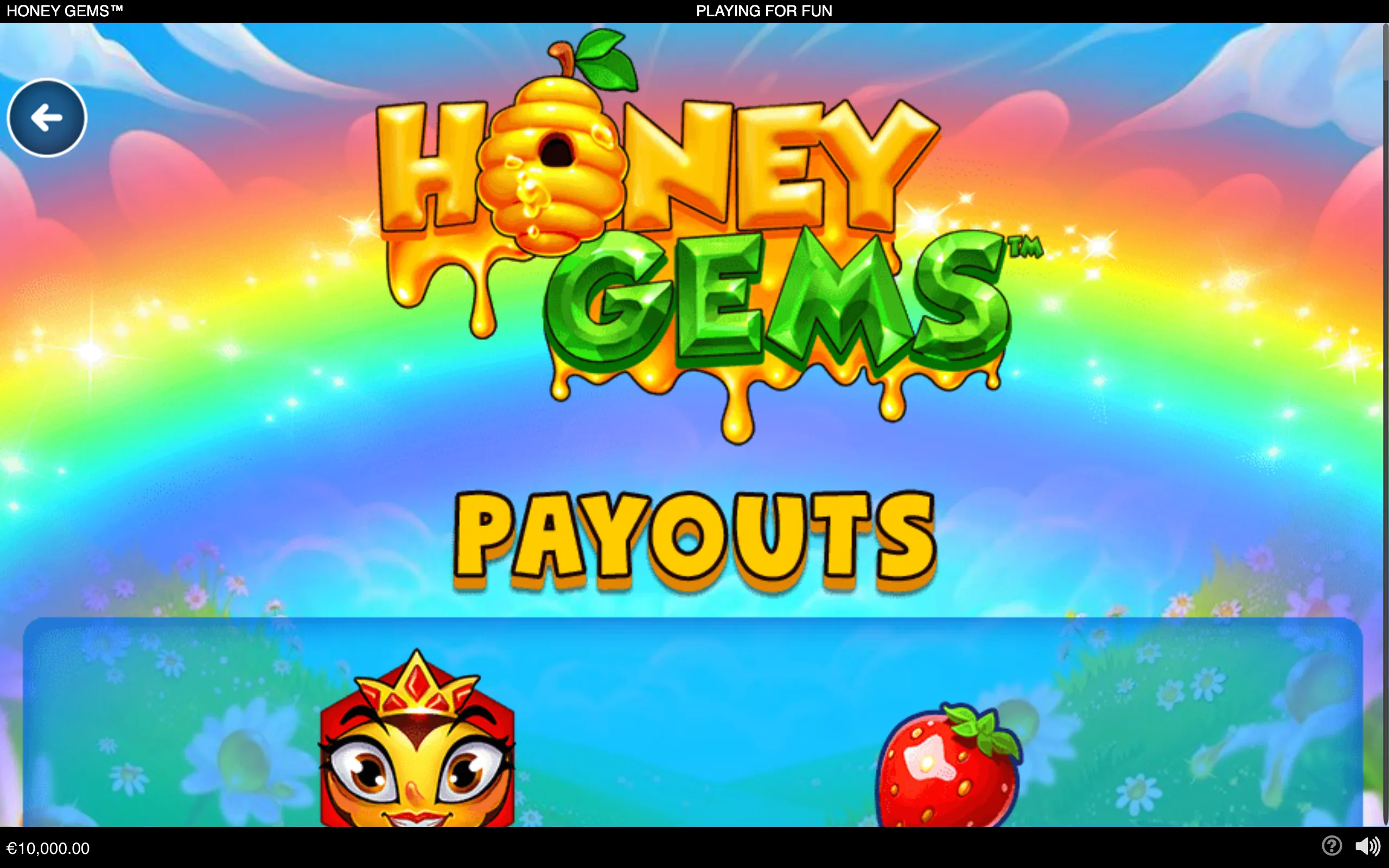 Honey Gems slot title with dripping golden honey, green gem lettering, a smiling crowned tiger, and a strawberry against a bright rainbow meadow.