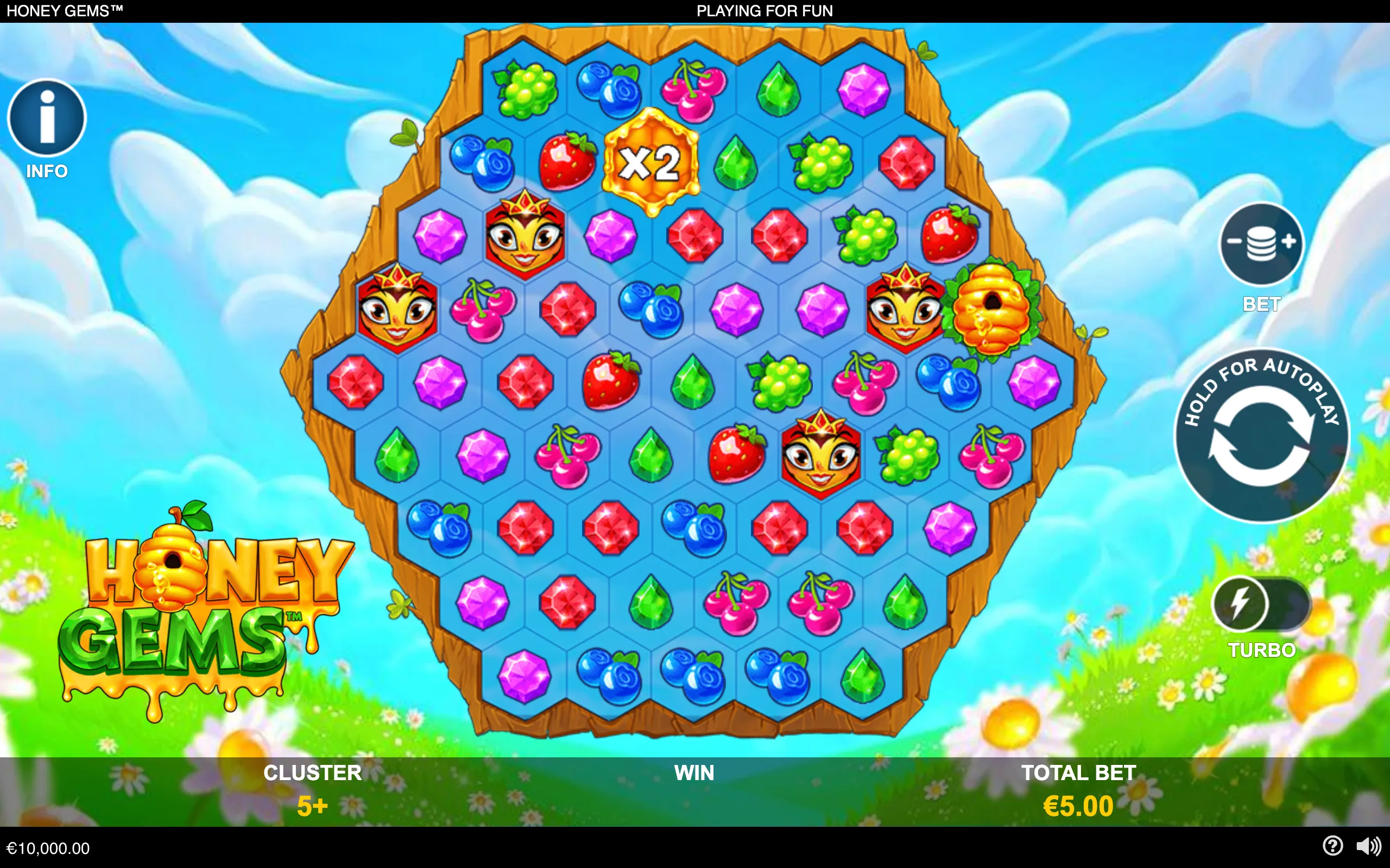 Bright Honey Gems slot interface featuring a honeycomb game board filled with fruit, faceted gems, bee-themed character symbols, and an X2 honey multiplier against a sunny meadow backdrop.