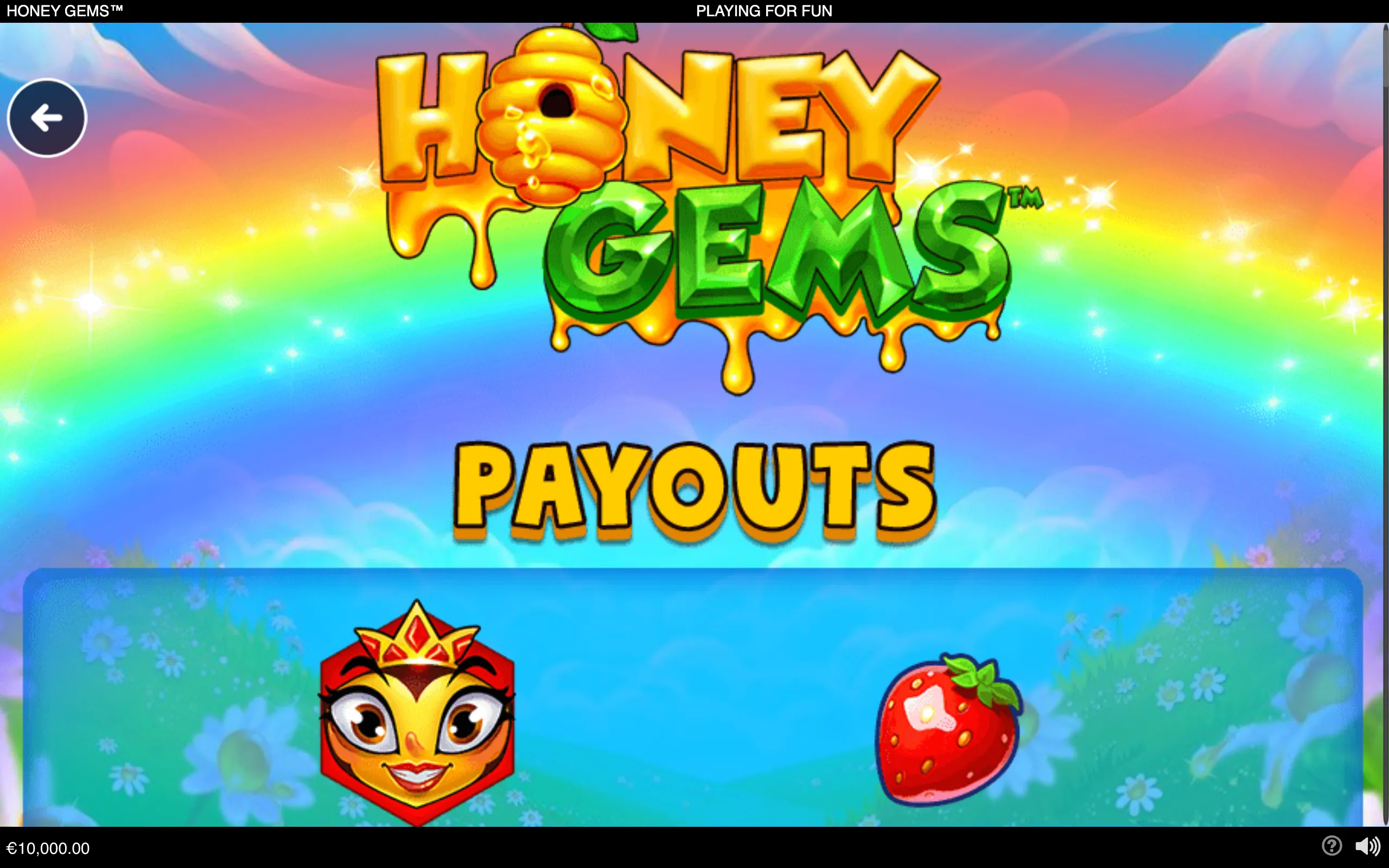 Honey Gems slot preview with a dripping honey logo, rainbow sky, floral meadow, crowned cartoon character, strawberry symbol, and payouts heading.