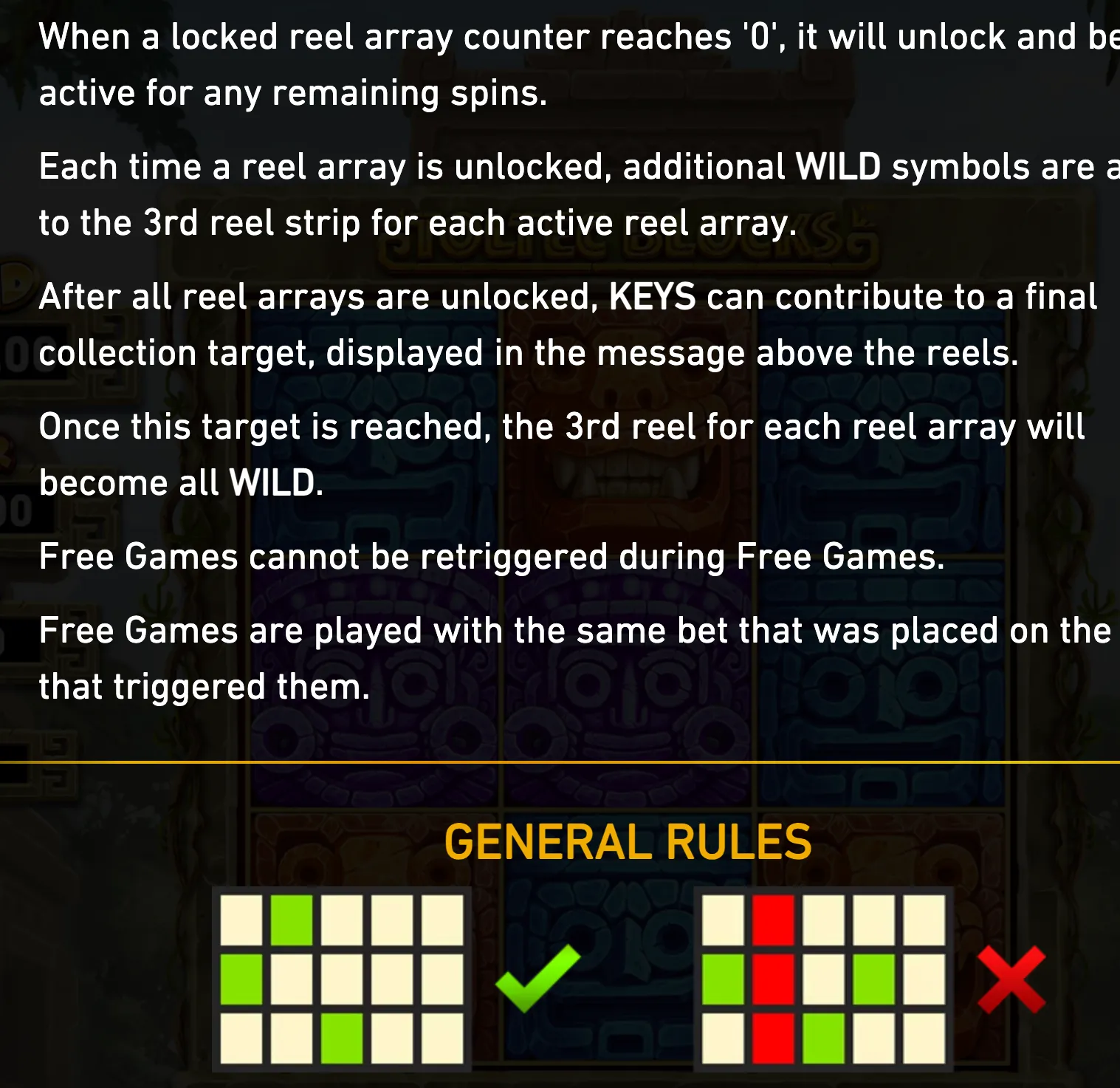 Fire Blaze Toltec Blocks feature guide with white rules text over a dark Toltec-themed reel layout, plus green-check and red-cross grid examples under a General Rules heading.