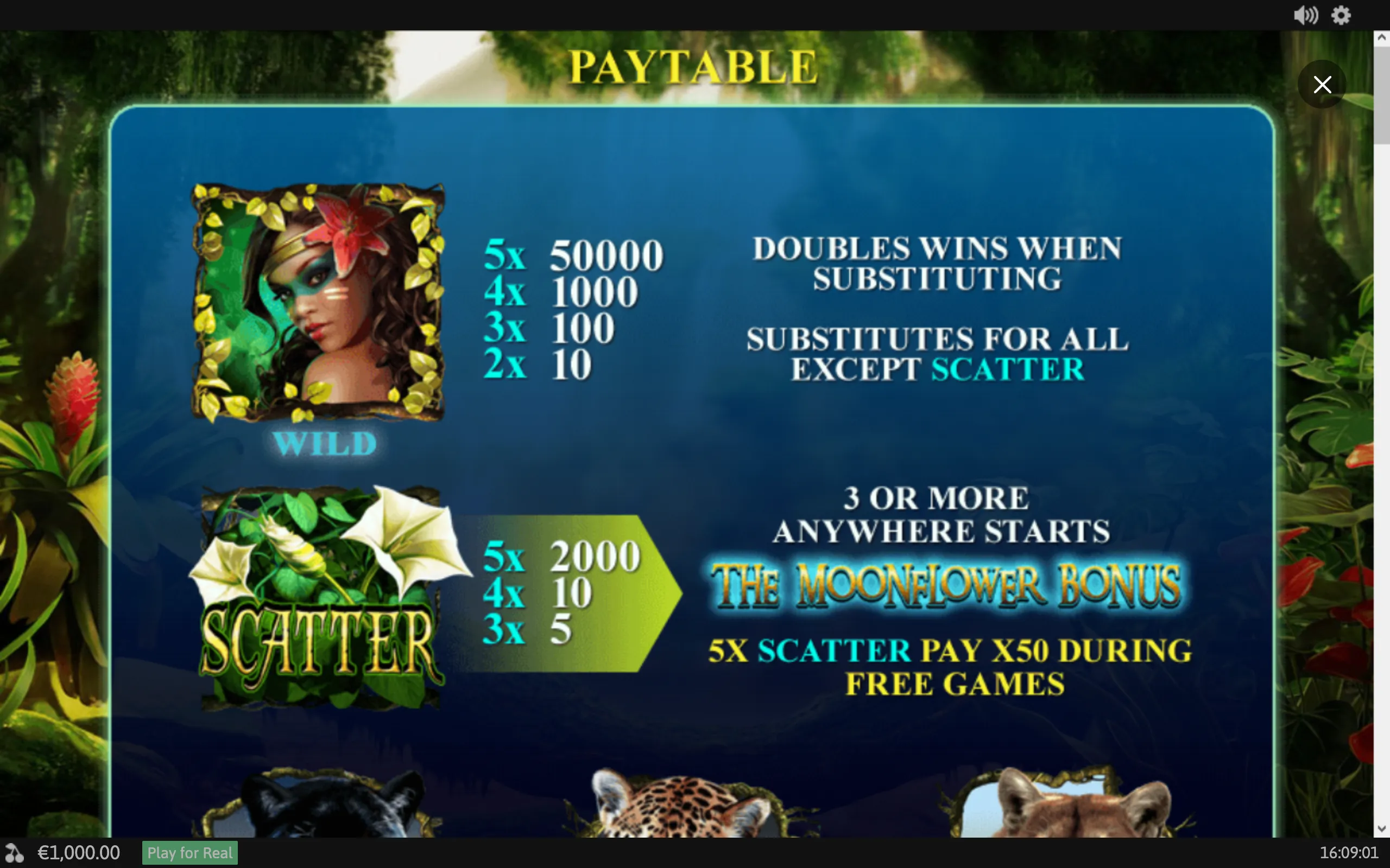 Secrets of the Amazon paytable featuring a jungle-themed woman Wild symbol, Moonflower Scatter symbol, animal portraits, tropical foliage, and free-games bonus details.