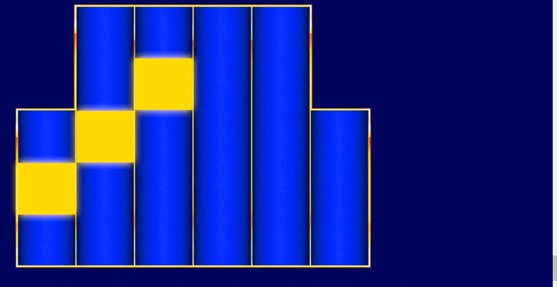 Abstract blue slot-reel grid with gold borders and several yellow highlighted blocks against a dark navy background.