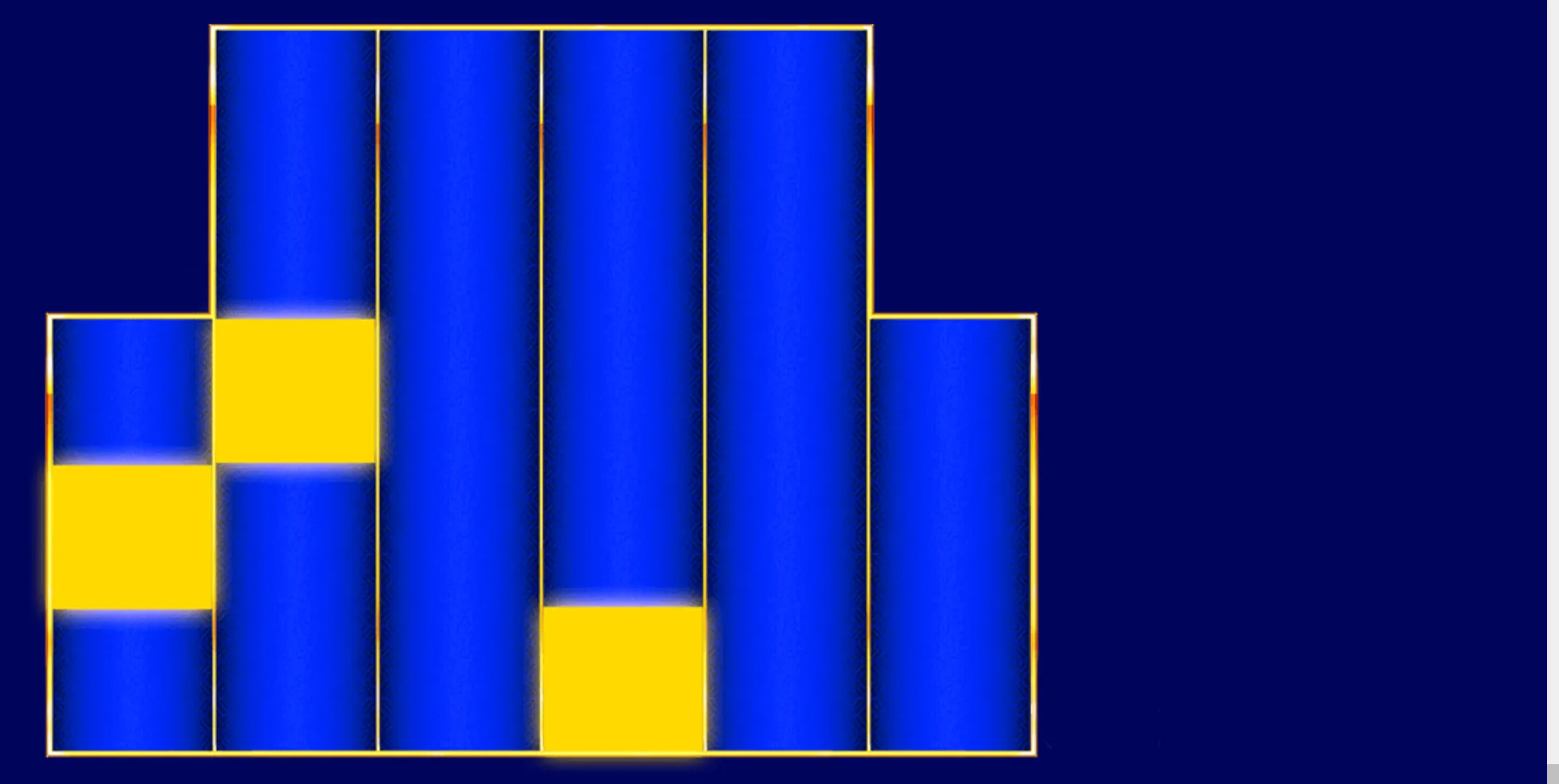 Abstract blue and gold slot reel layout with tall central columns, shorter outer reels, and glowing yellow reel positions.