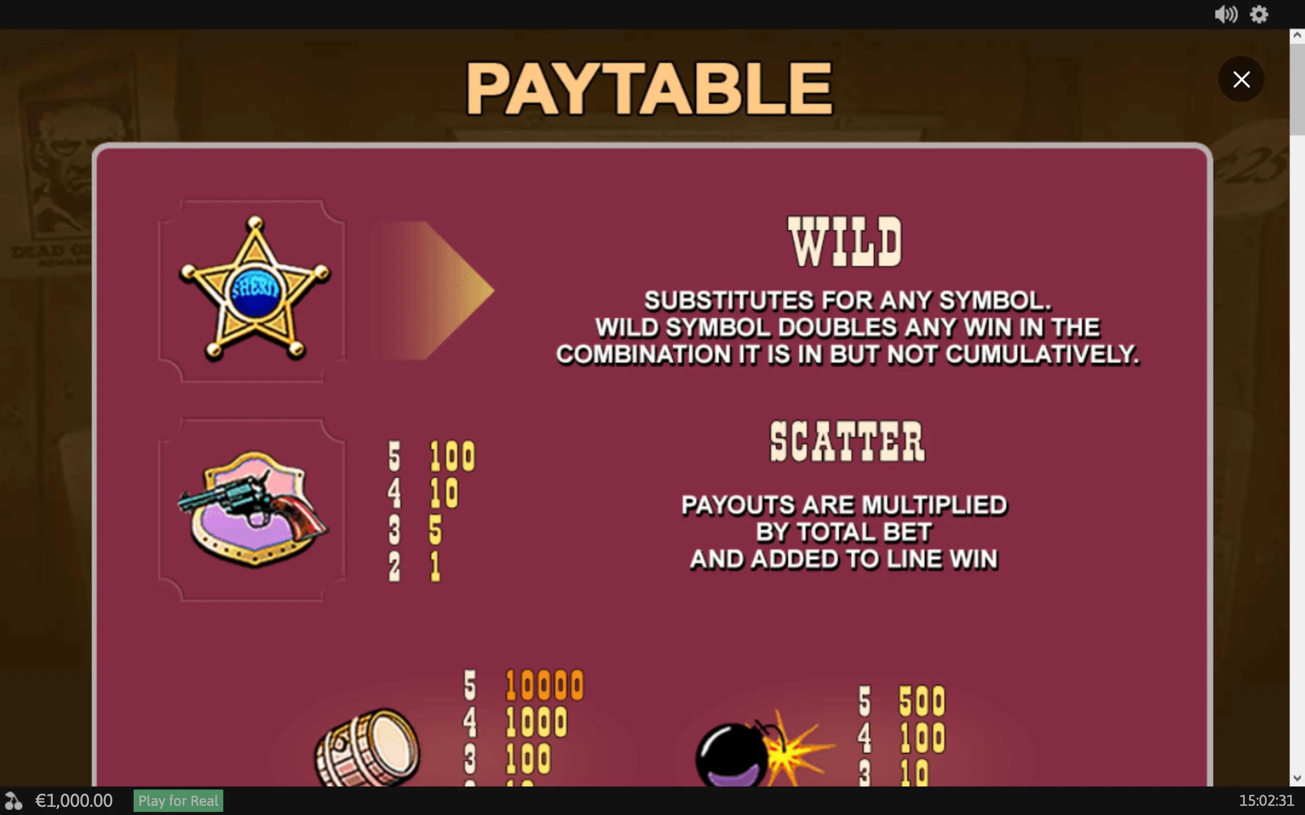 Silver Bullet slot paytable featuring a sheriff star Wild symbol, a revolver-themed Scatter symbol, payout values, and additional Western icons.