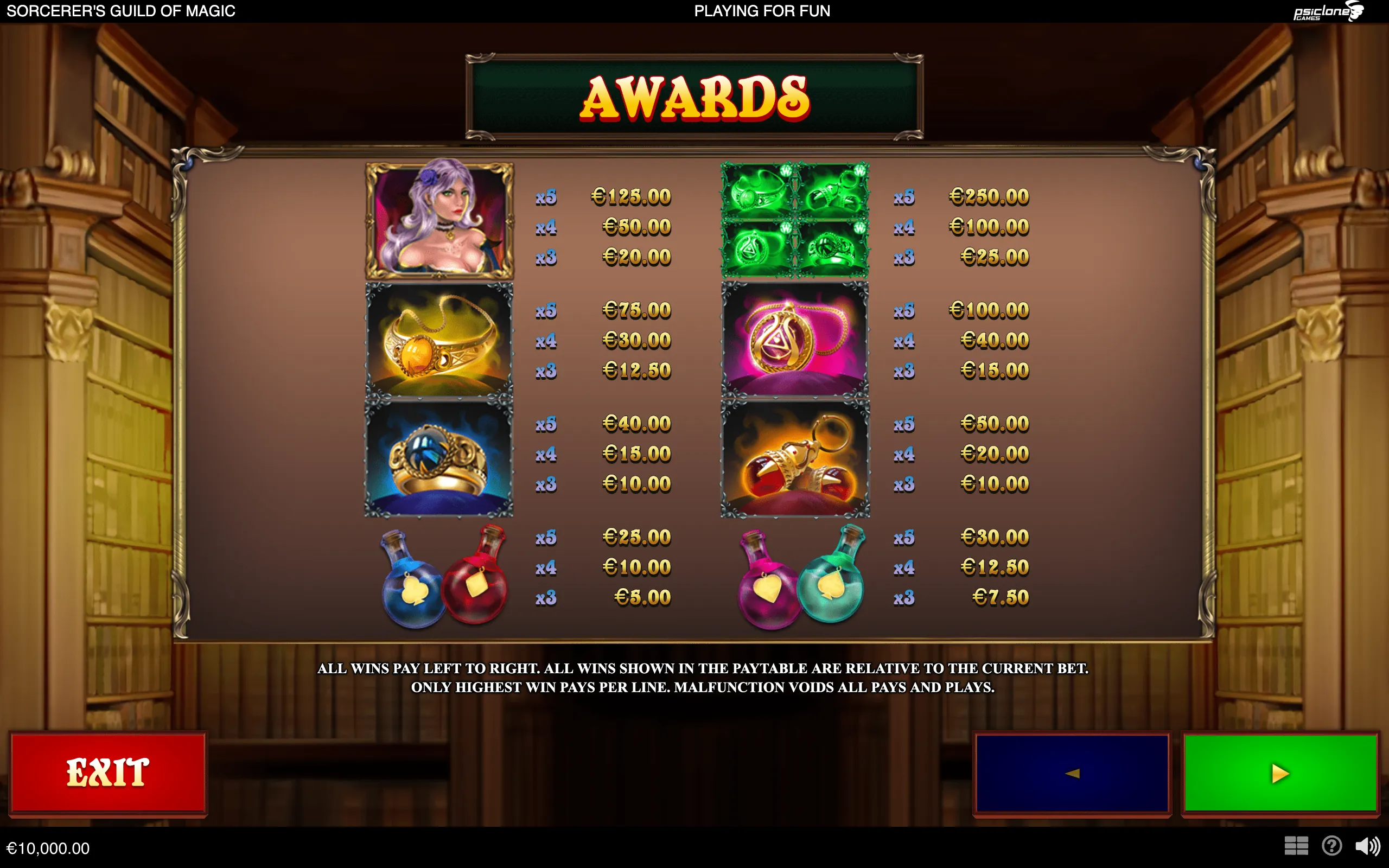 Sorcerer's Guild of Magic awards paytable featuring a female sorceress, enchanted rings, magical objects, potion bottles, and euro payouts inside an ornate fantasy guild hall.