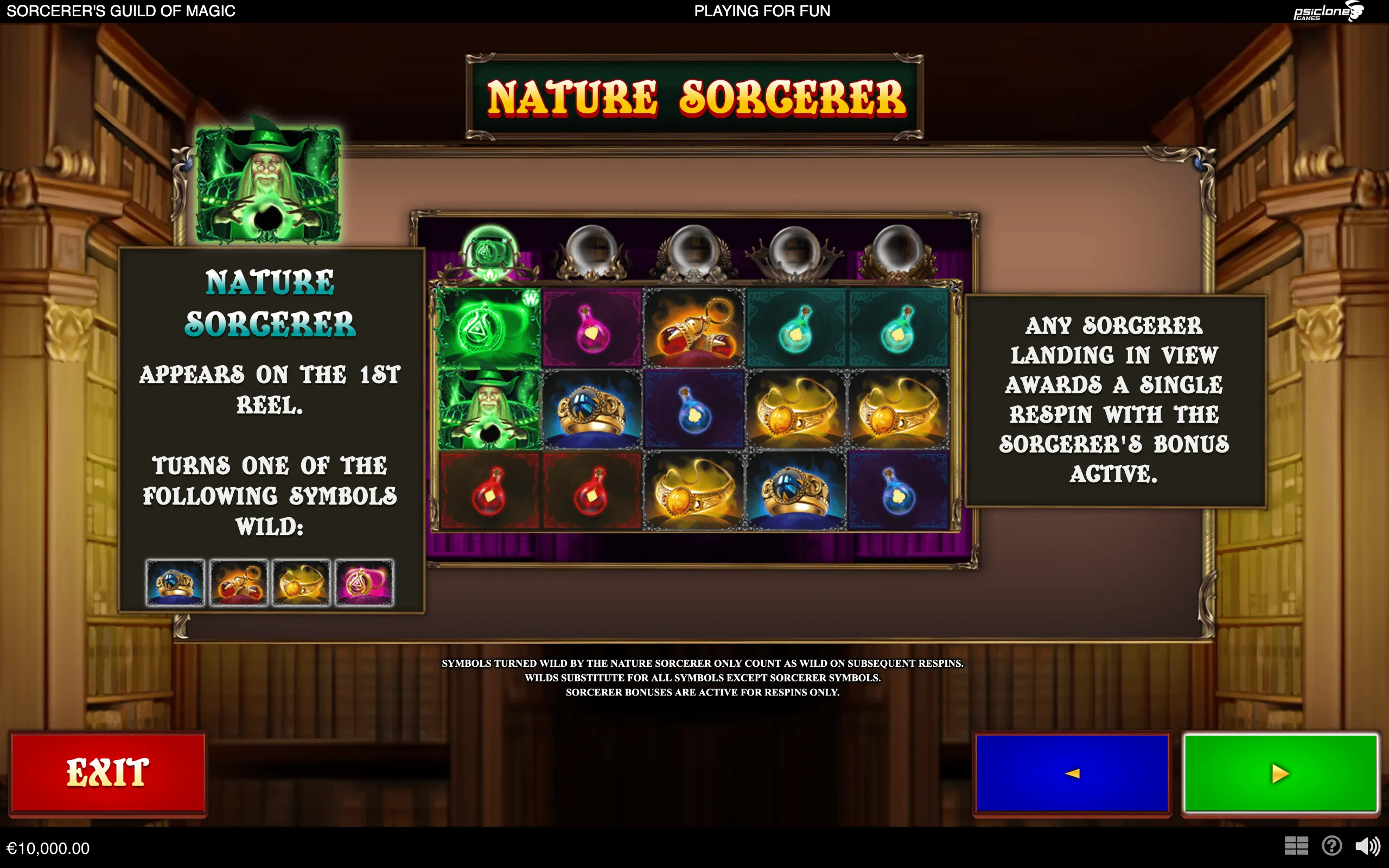 Fantasy slot interface for Sorcerer's Guild of Magic featuring a glowing green Nature Sorcerer, enchanted potion and jewelry symbols, crystal balls, and feature instructions.