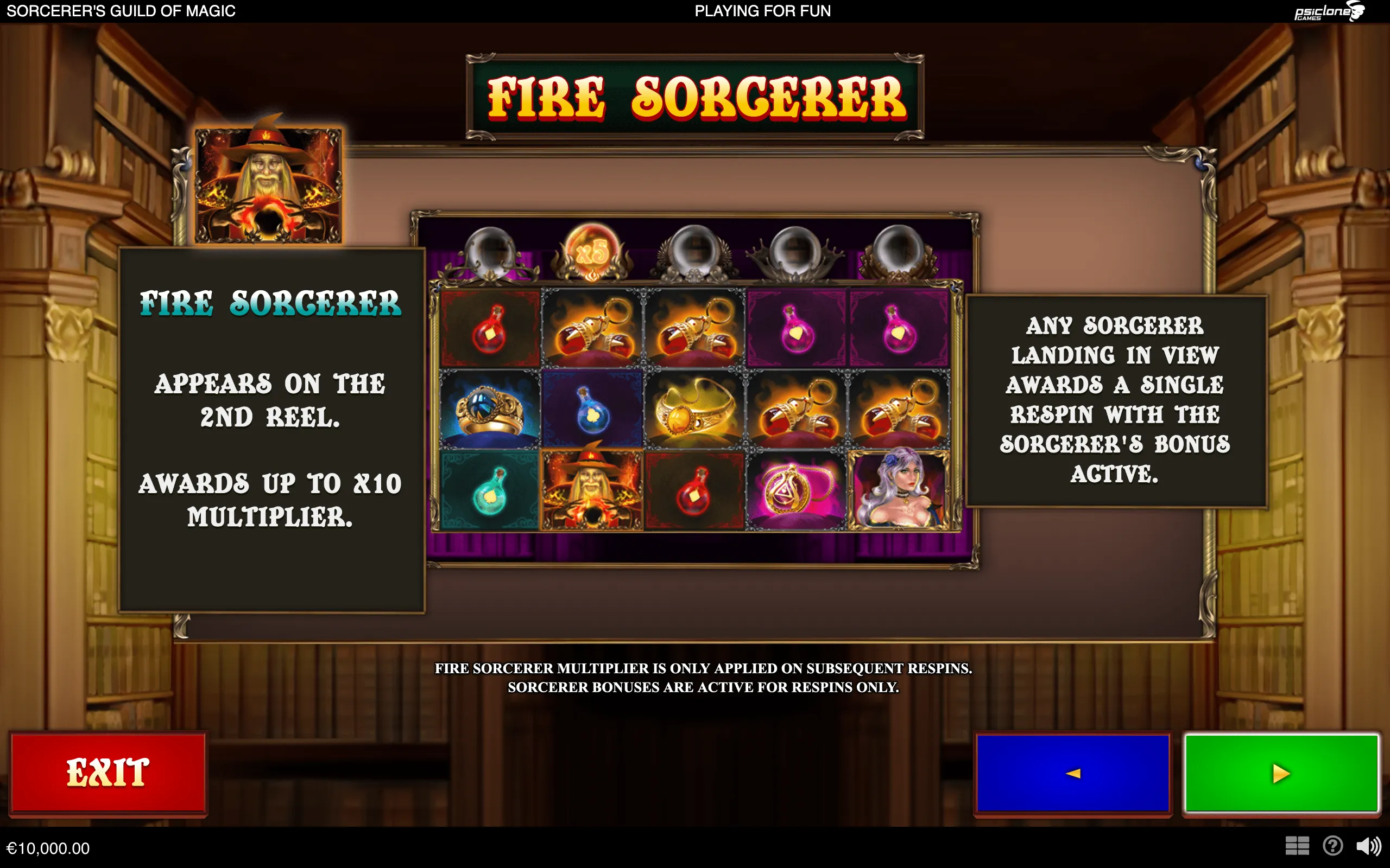 Fantasy slot interface for Sorcerer's Guild of Magic featuring a Fire Sorcerer, crystal balls, potion symbols, magical artifacts, and a sorceress in an ornate wizard's guild hall.