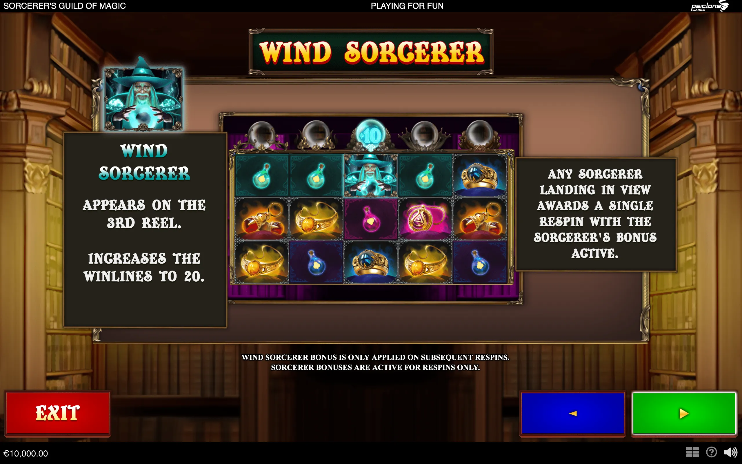 Fantasy slot game interface featuring a glowing Wind Sorcerer, magical potion symbols, crystal balls, and a 5-reel bonus explanation in an ornate wizard’s guild setting.