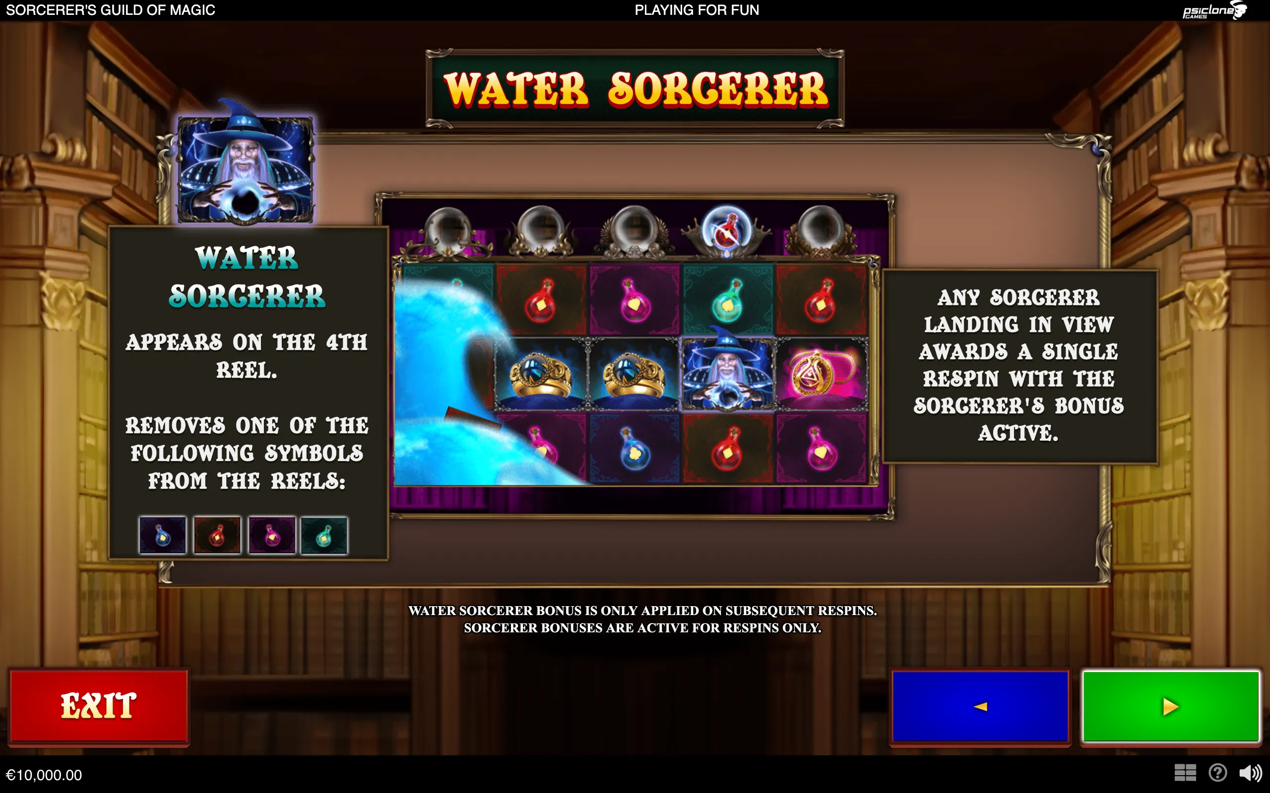 Sorcerer's Guild of Magic bonus screen featuring a blue-robed Water Sorcerer, crystal balls, colorful potion symbols, and a reel display.