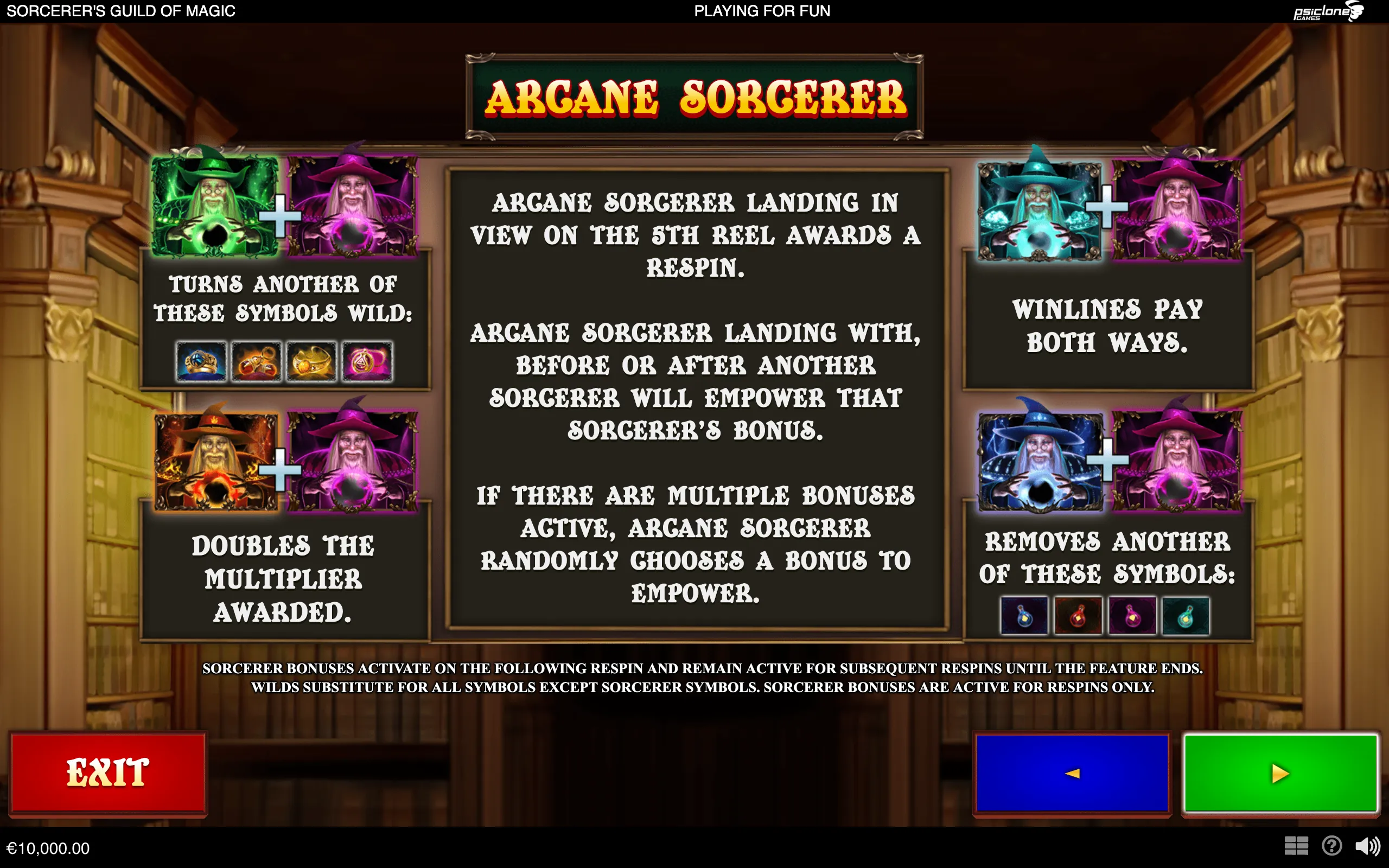 Sorcerer's Guild of Magic bonus rules panel featuring colorful wizards, Arcane Sorcerer symbols, wild icons, and respin feature instructions.