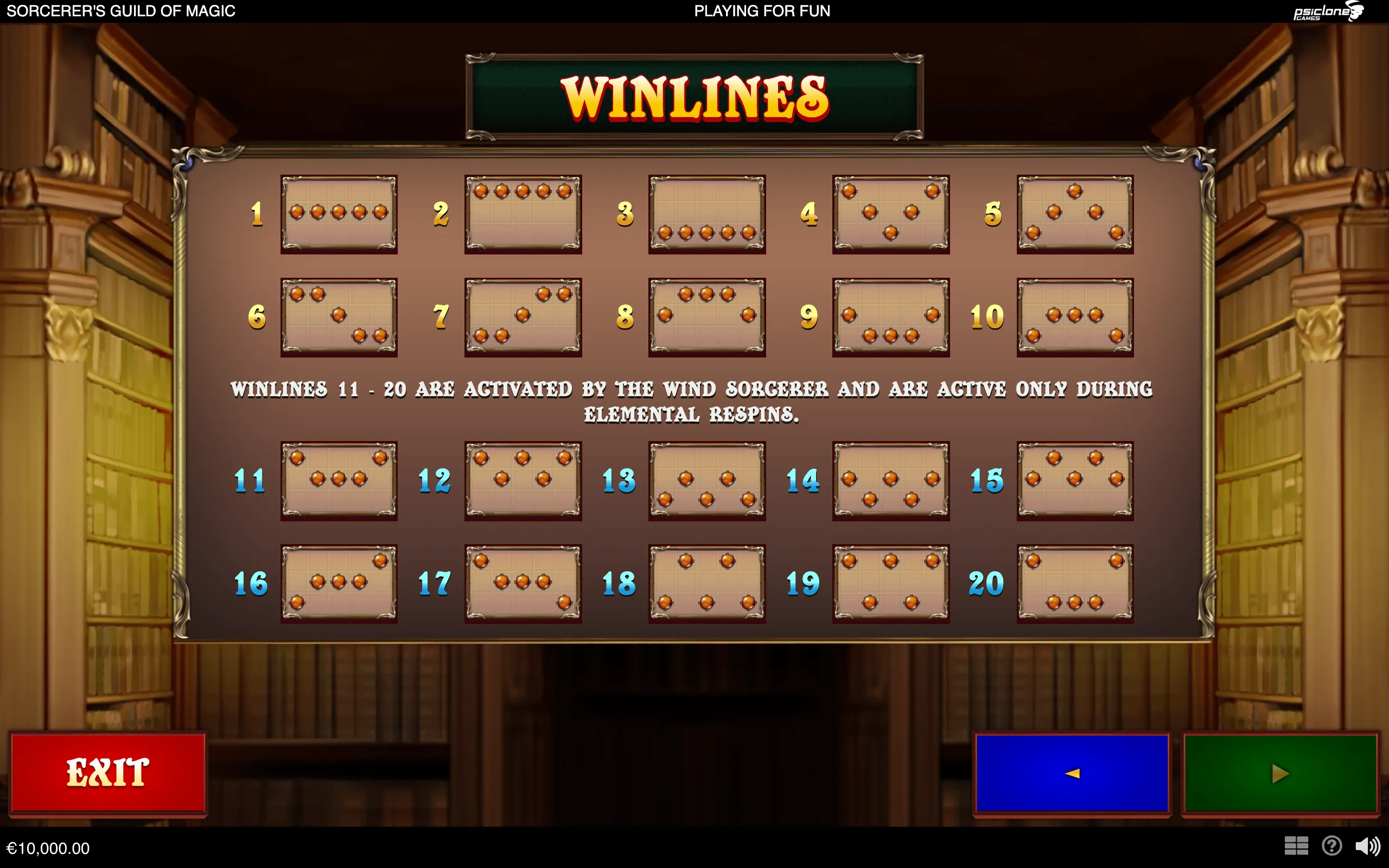 Sorcerer's Guild of Magic winline guide displaying paylines 1 through 20 inside an ornate magical library.