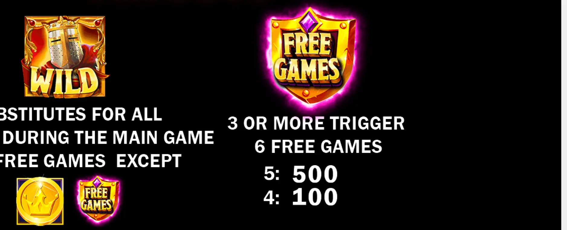 Red-and-gold medieval shield symbols feature a knight-themed Wild and a glowing Free Games emblem, alongside text explaining substitutions, free games, and symbol awards.