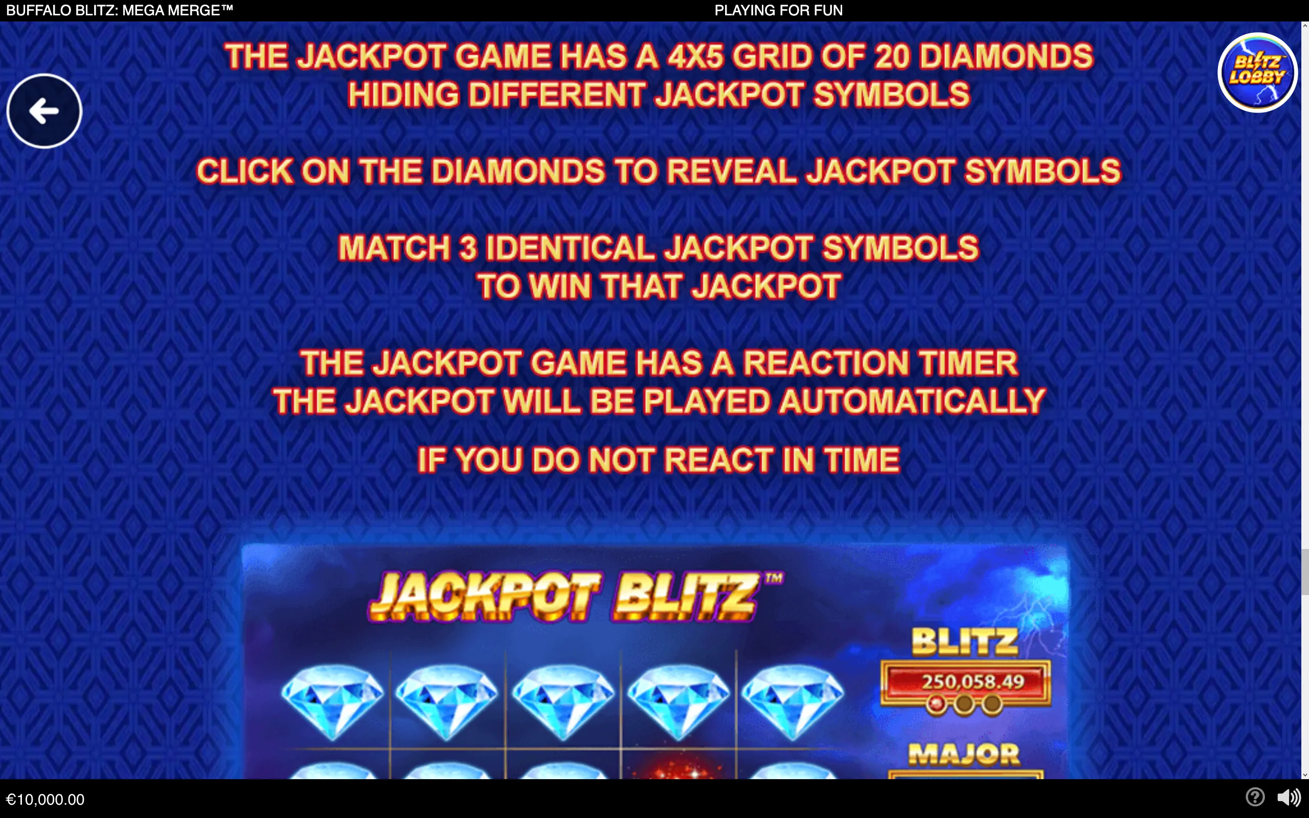 Buffalo Blitz: Mega Merge jackpot instructions over a blue patterned backdrop, with a 4x5 diamond grid and visible Blitz and Major jackpot labels.