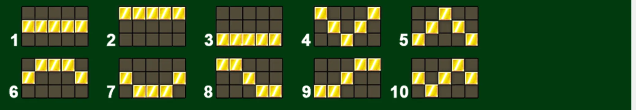 Ten numbered 3x5 tile grids display different arrangements of glowing gold bar symbols against a dark green backdrop.