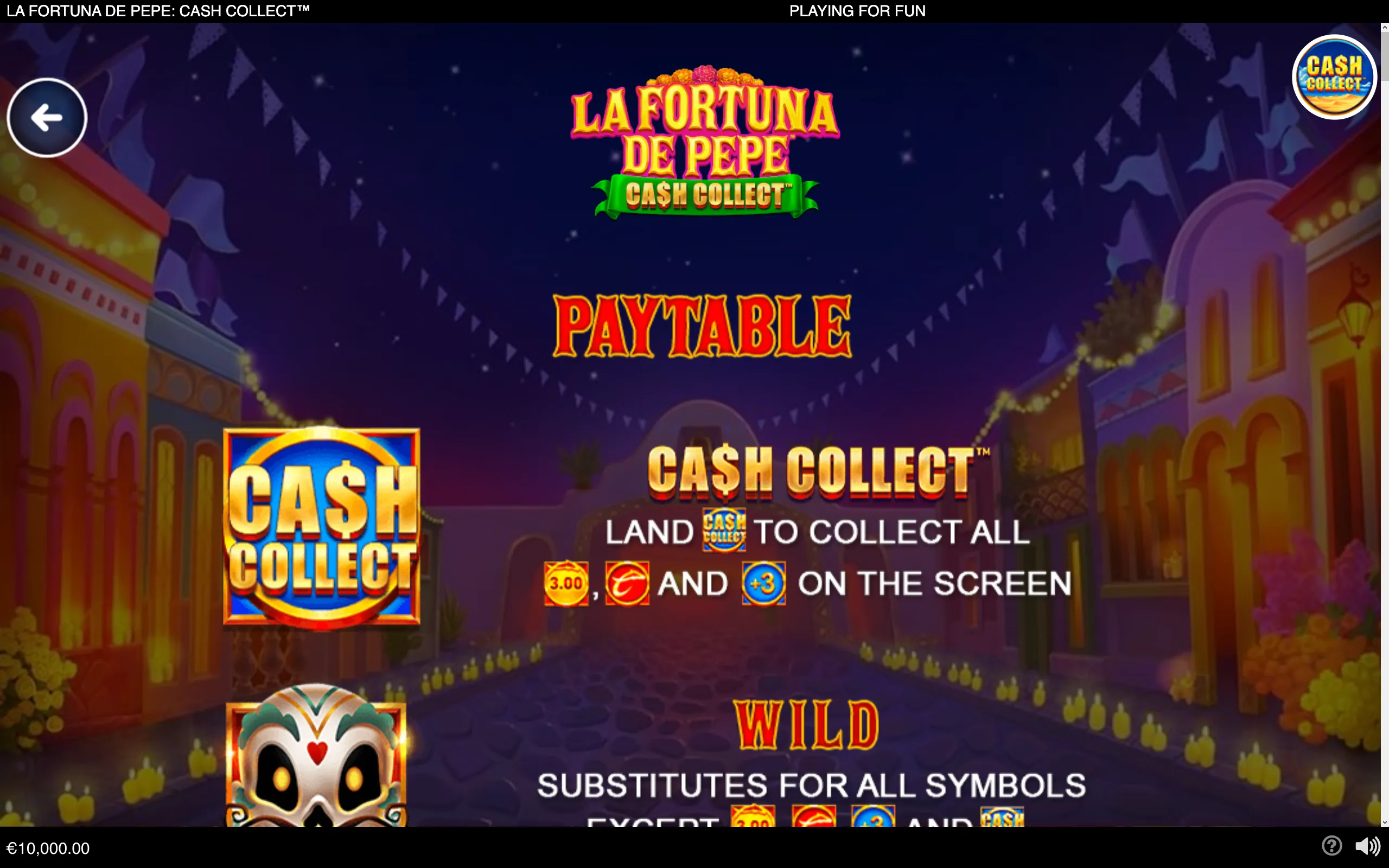 La Fortuna de Pepe: Cash Collect paytable with a colorful sugar-skull icon, Cash Collect symbols, Wild symbol, and a festive nighttime Mexican village backdrop.