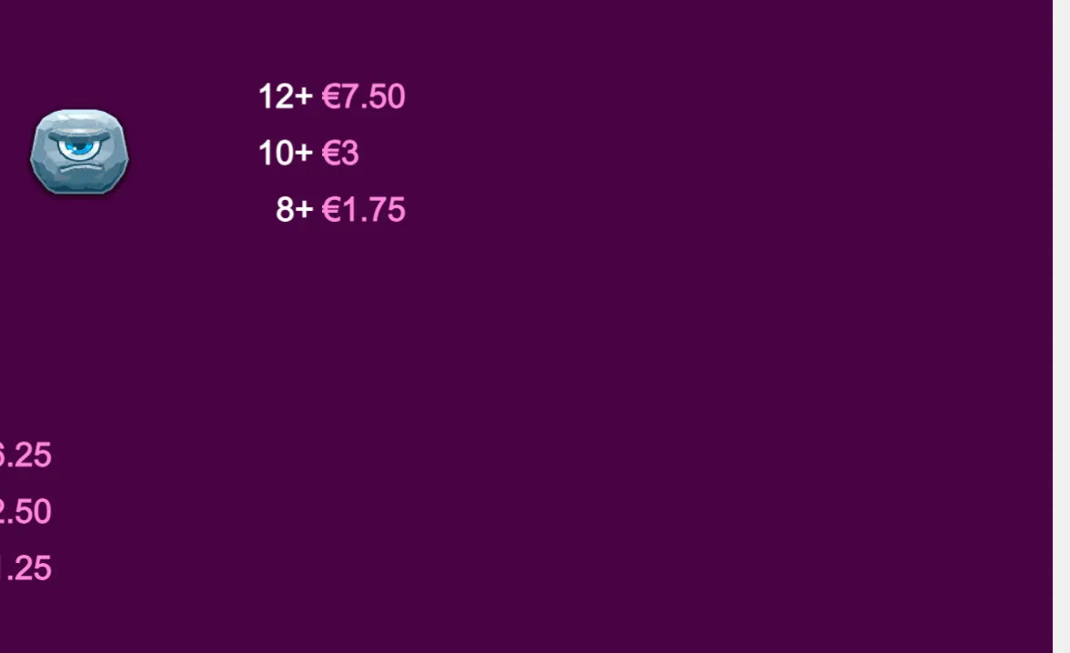 A one-eyed metallic stone monster symbol appears beside tiered euro values on a dark purple slot-game backdrop.