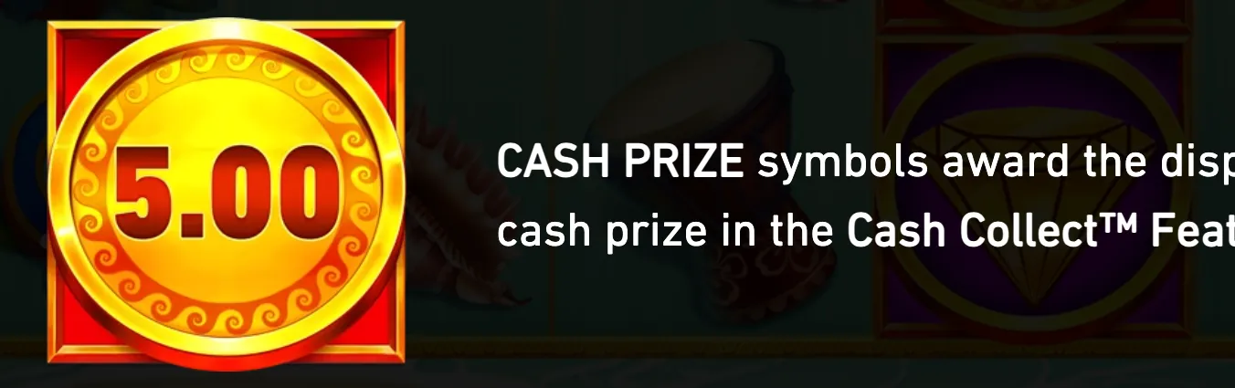 A large gold 5.00 cash prize medallion appears over a darkened slot interface, alongside text explaining the Cash Collect feature.