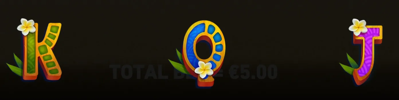 Hawaiian-themed slot symbols featuring floral K, Q, and J playing-card icons with tropical leaves on a dark background.