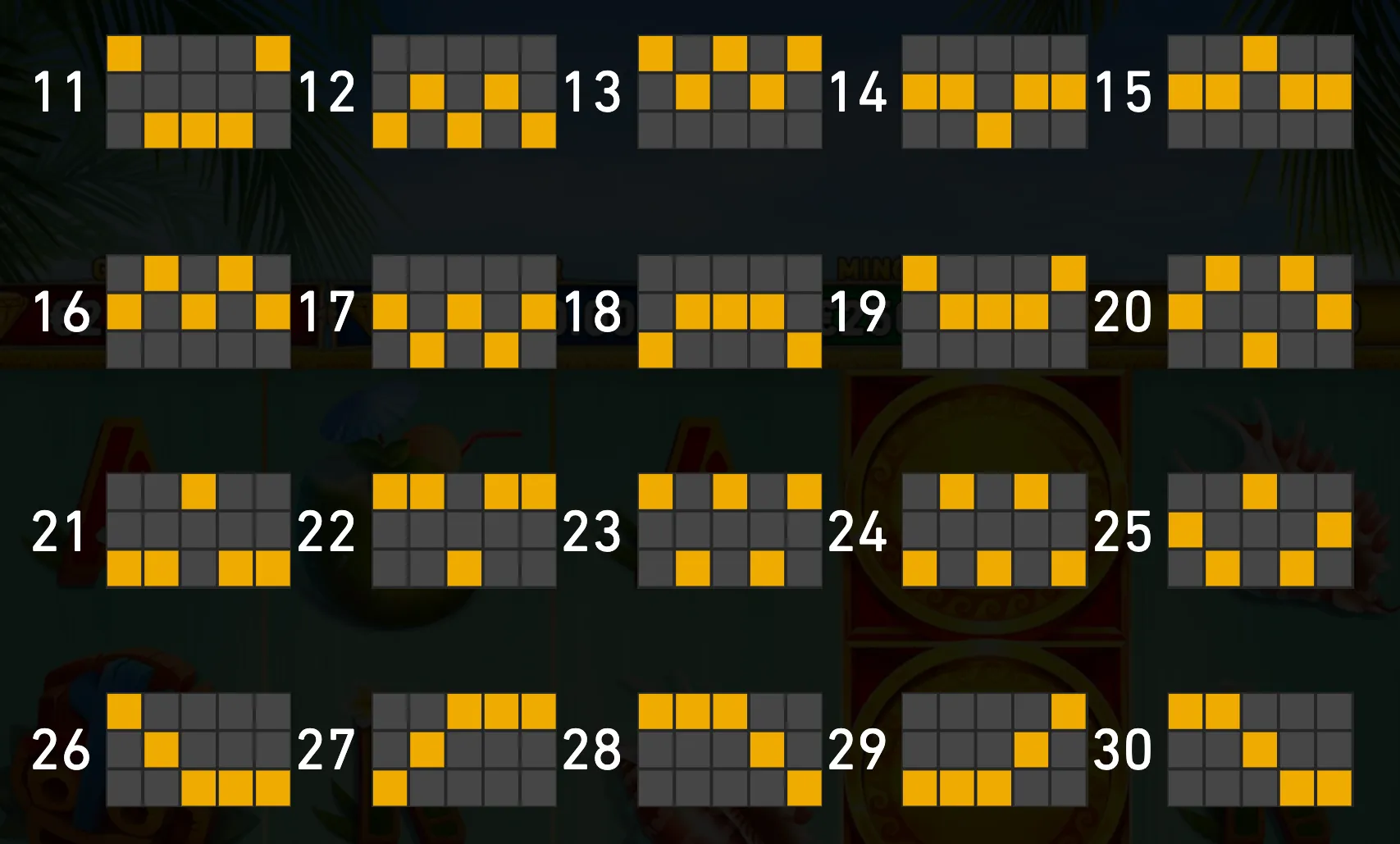 Numbered 5x3 grid layouts from 11 to 30 overlay a dark tropical Hawaiian slot backdrop, with yellow squares marking each pattern.
