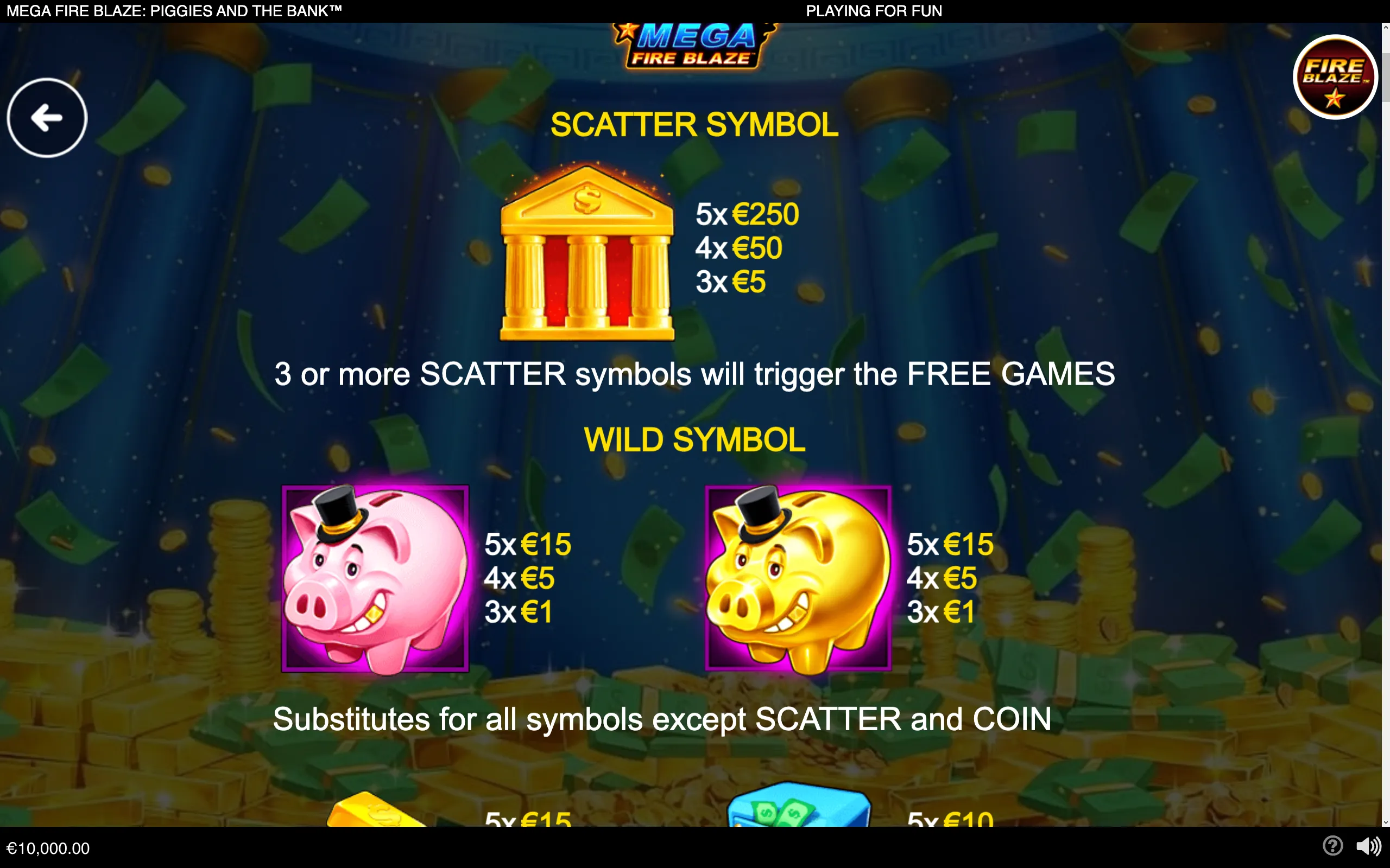 Mega Fire Blaze: Piggies and the Bank slot rules panel featuring a golden bank scatter symbol, pink and gold pig wilds, cash, coins, and flying banknotes.