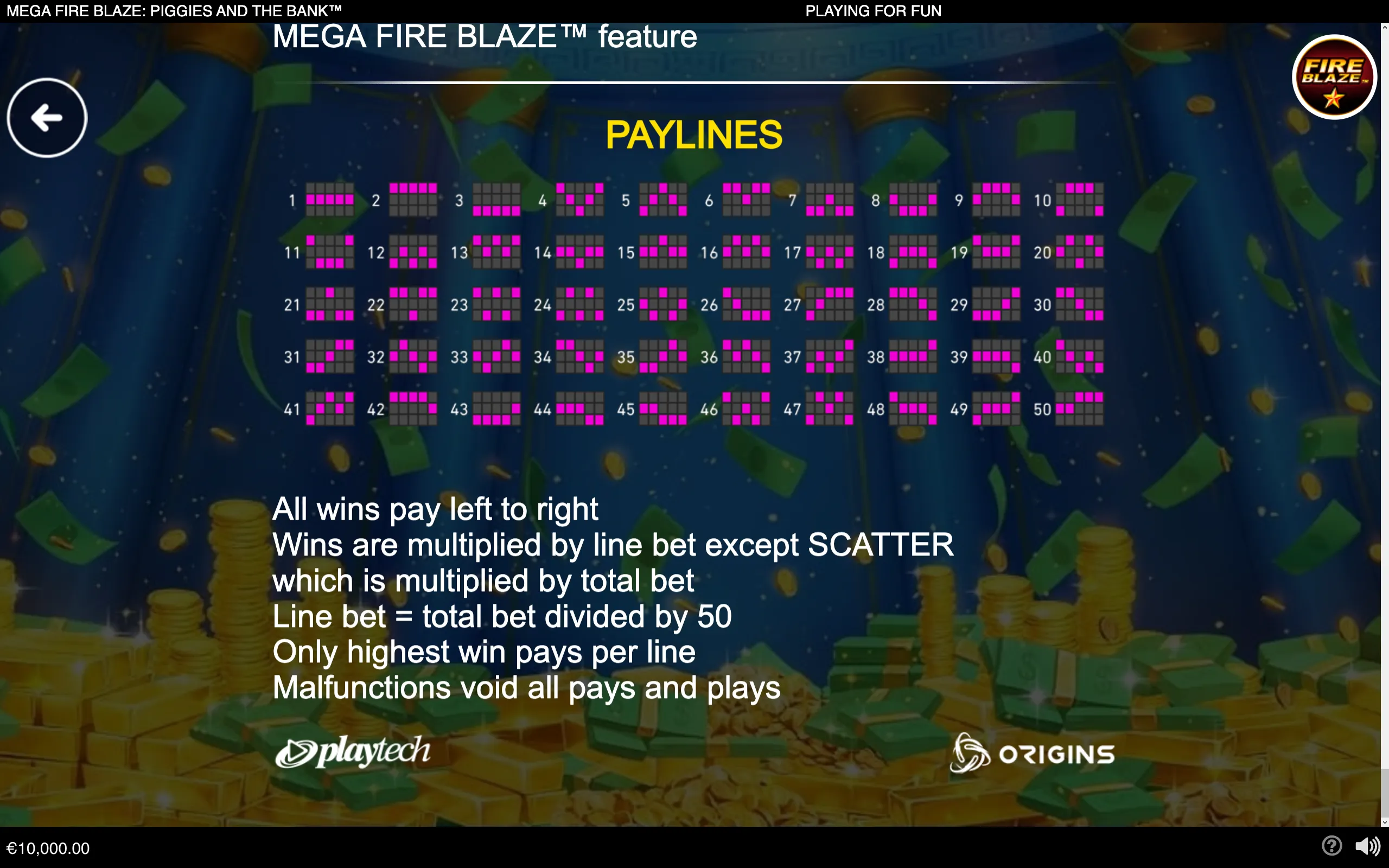 Mega Fire Blaze: Piggies and the Bank payline rules display with 50 highlighted paylines over a dark money-filled backdrop, stacks of coins, and green banknotes.