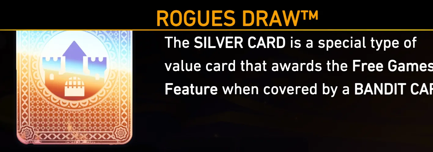 Rogues Draw feature preview featuring an ornate Silver Card with a stylized castle emblem and text explaining its Free Games Feature interaction.