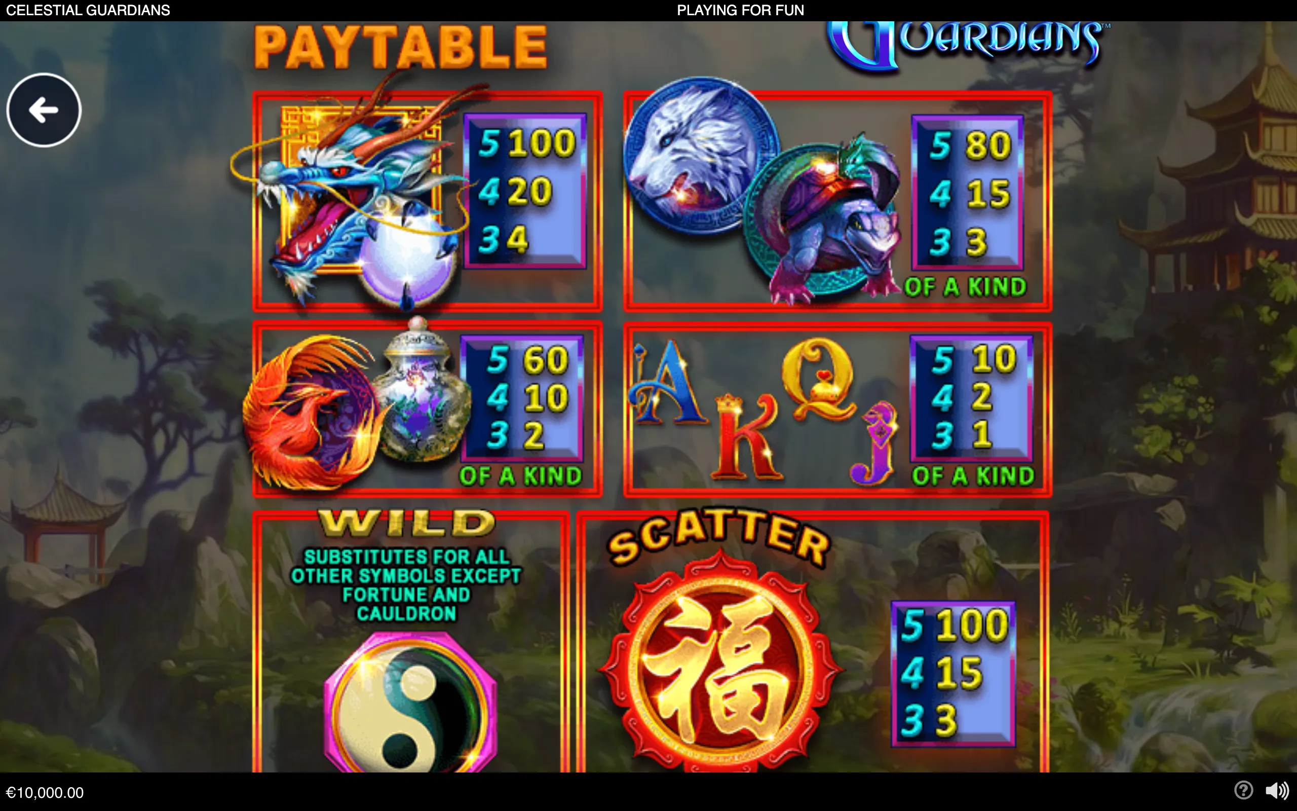 Celestial Guardians slot paytable featuring a Chinese dragon, white guardian beast, phoenix, ornate porcelain vessel, fantasy card symbols, a yin-yang wild symbol, and a red Chinese character scatter emblem against a misty mountain temple landscape.