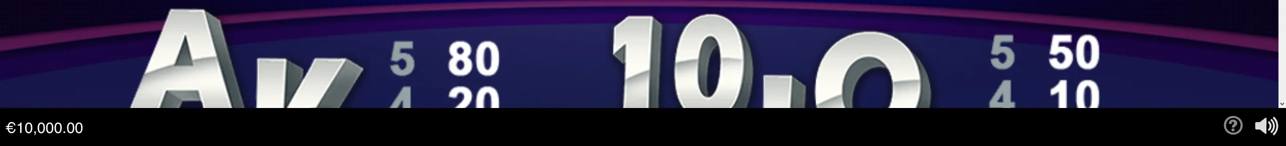 A dark blue slot interface displays oversized metallic A and 10 card symbols with adjacent payout values, alongside a €10,000.00 balance and audio controls.