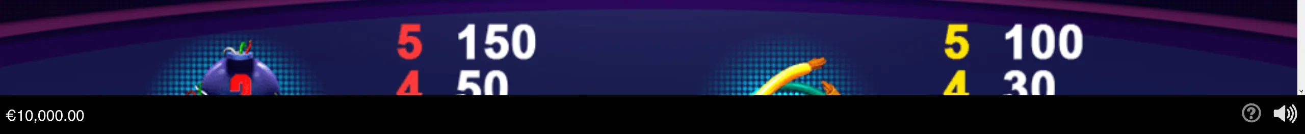 Partial slot interface for Boom featuring cartoon bombs, bright numbered payout values, and a dark purple arcade-style backdrop.