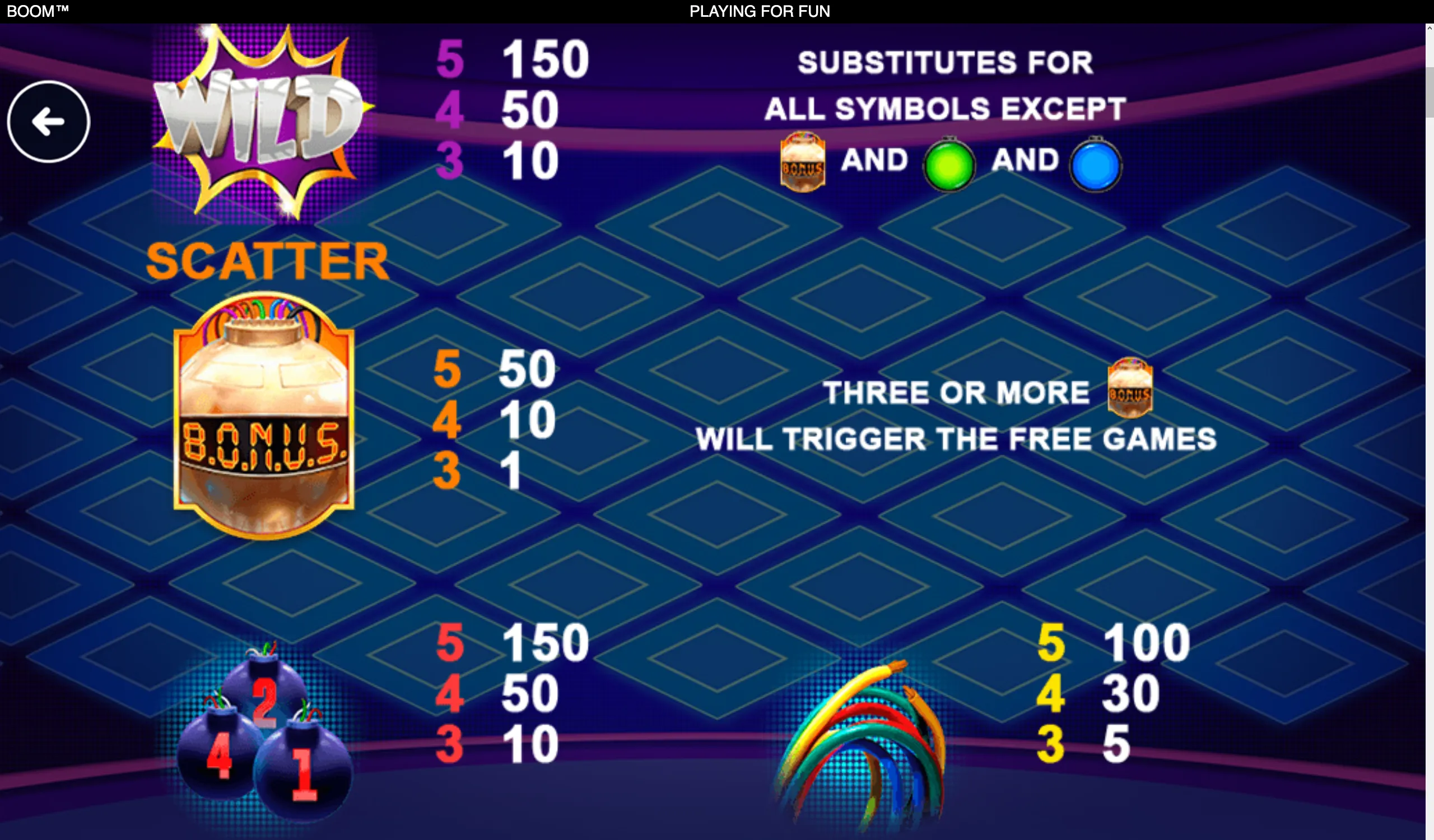 Boom slot paytable featuring a comic-style WILD symbol, BONUS bottle, colored bomb symbols, rainbow bursts, and free games instructions.