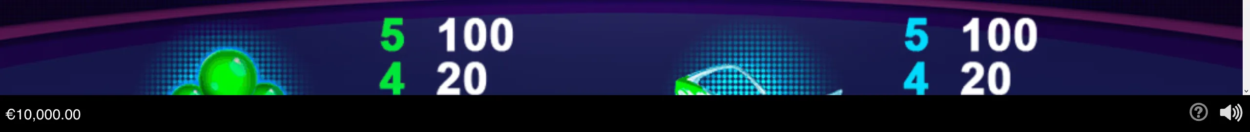 Partial Boom slot paytable with glossy green circular symbols, neon blue accents, payout values of 20 and 100, and a €10,000.00 interface display.
