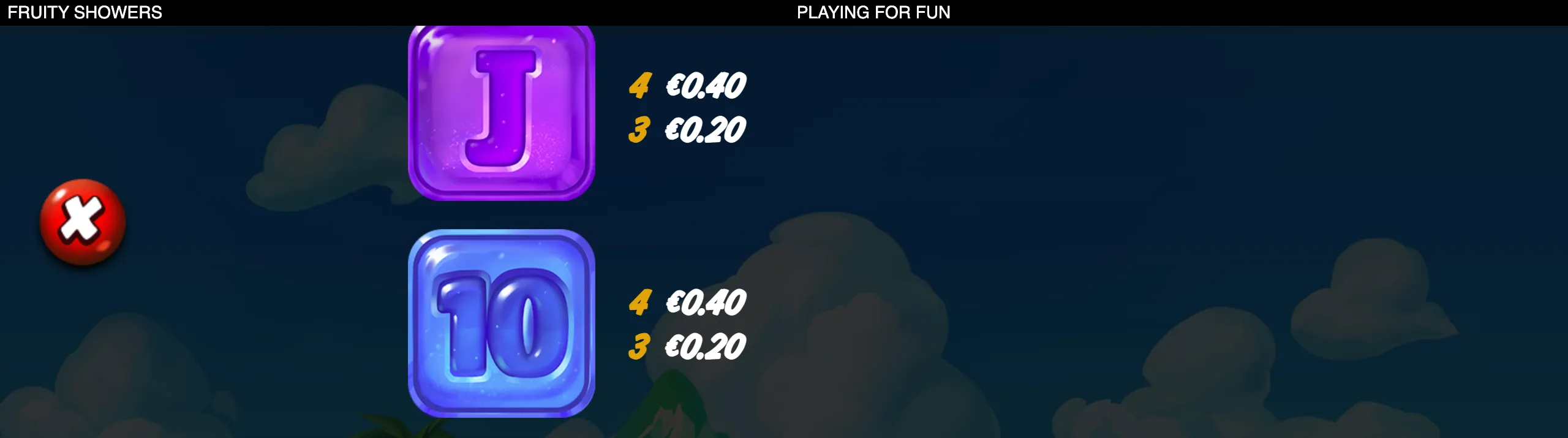 Fruity Showers slot paytable featuring glossy purple J and blue 10 symbols with euro payouts against a dark cloudy backdrop.