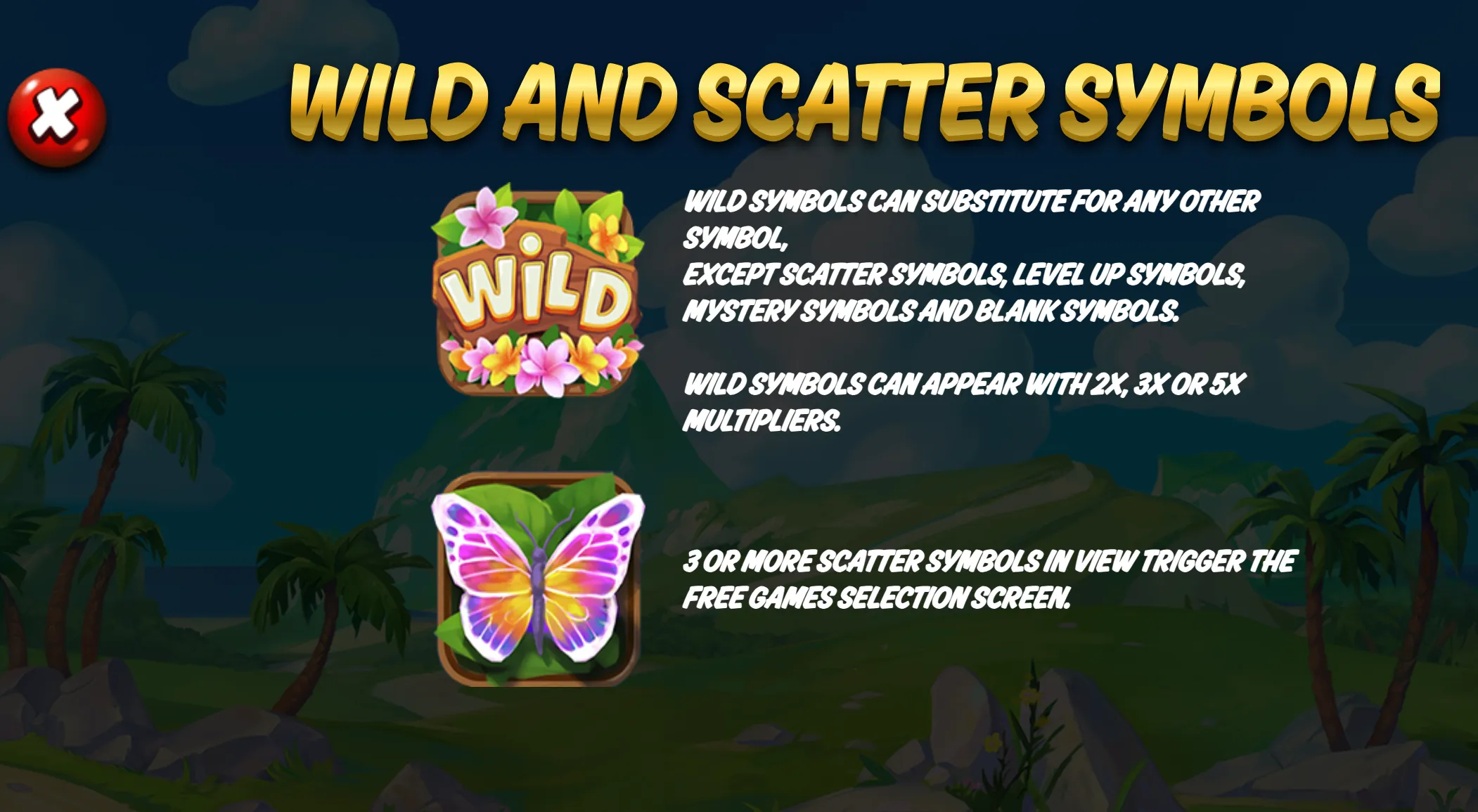 Fruity Showers feature artwork with a flower-covered WILD symbol and a colorful butterfly scatter symbol against a tropical island landscape, alongside explanatory text about multipliers and free games.