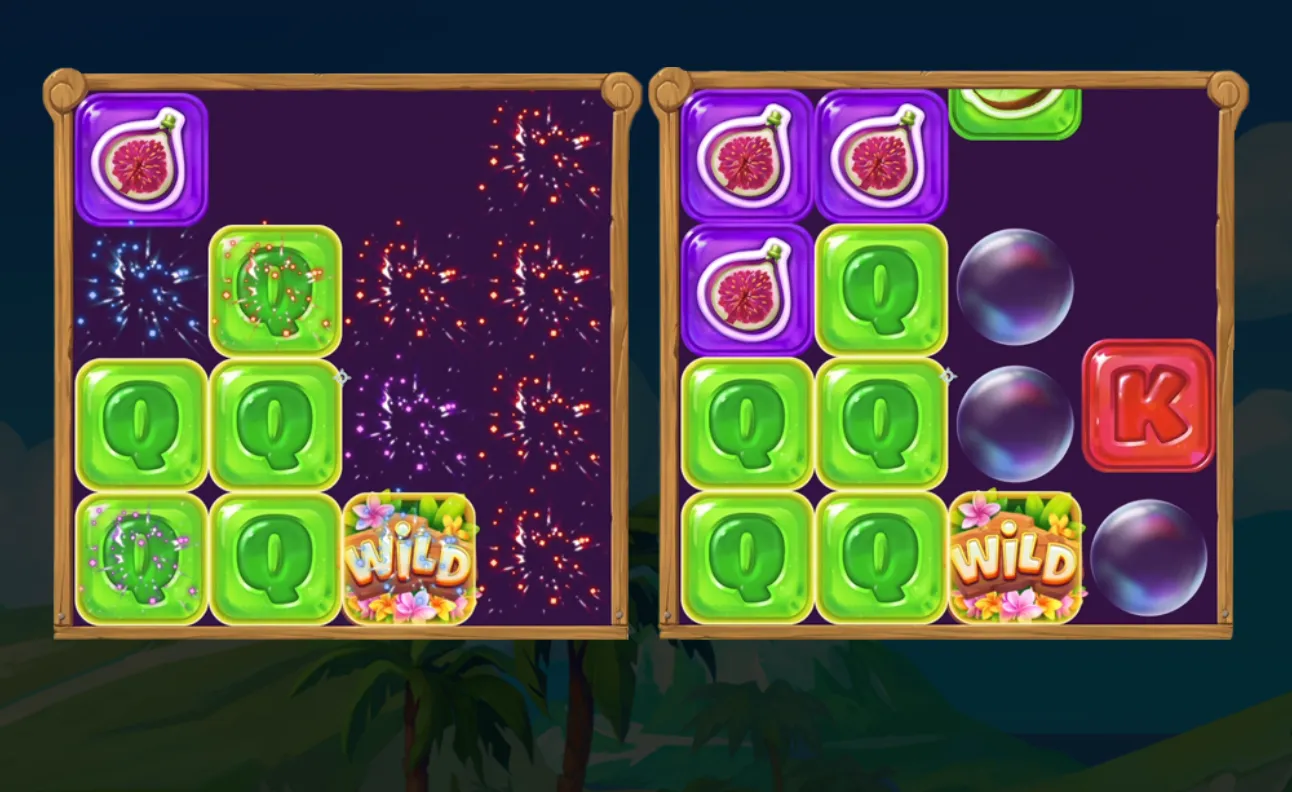 Fruity Showers slot preview with glowing fruit icons, green letter symbols, floral WILD tiles, floating bubbles, and fireworks over a tropical backdrop.