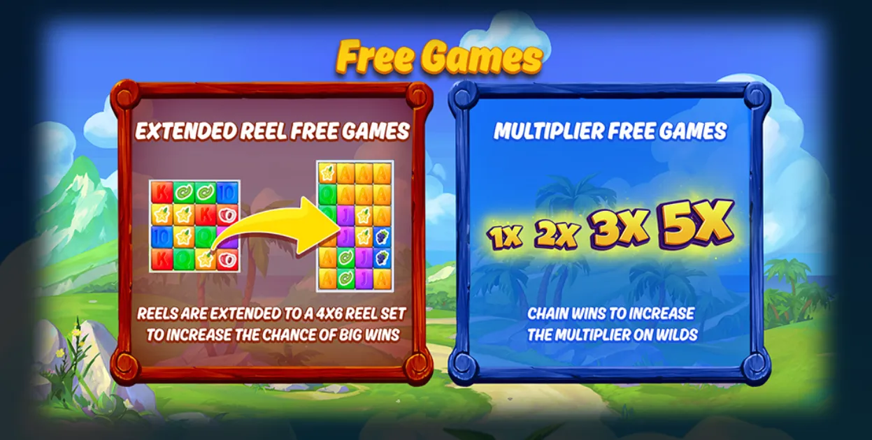 Fruity Showers free games feature artwork with colorful slot reels, an extended 4x6 reel set, and 1x to 5x wild multipliers against a bright tropical landscape.