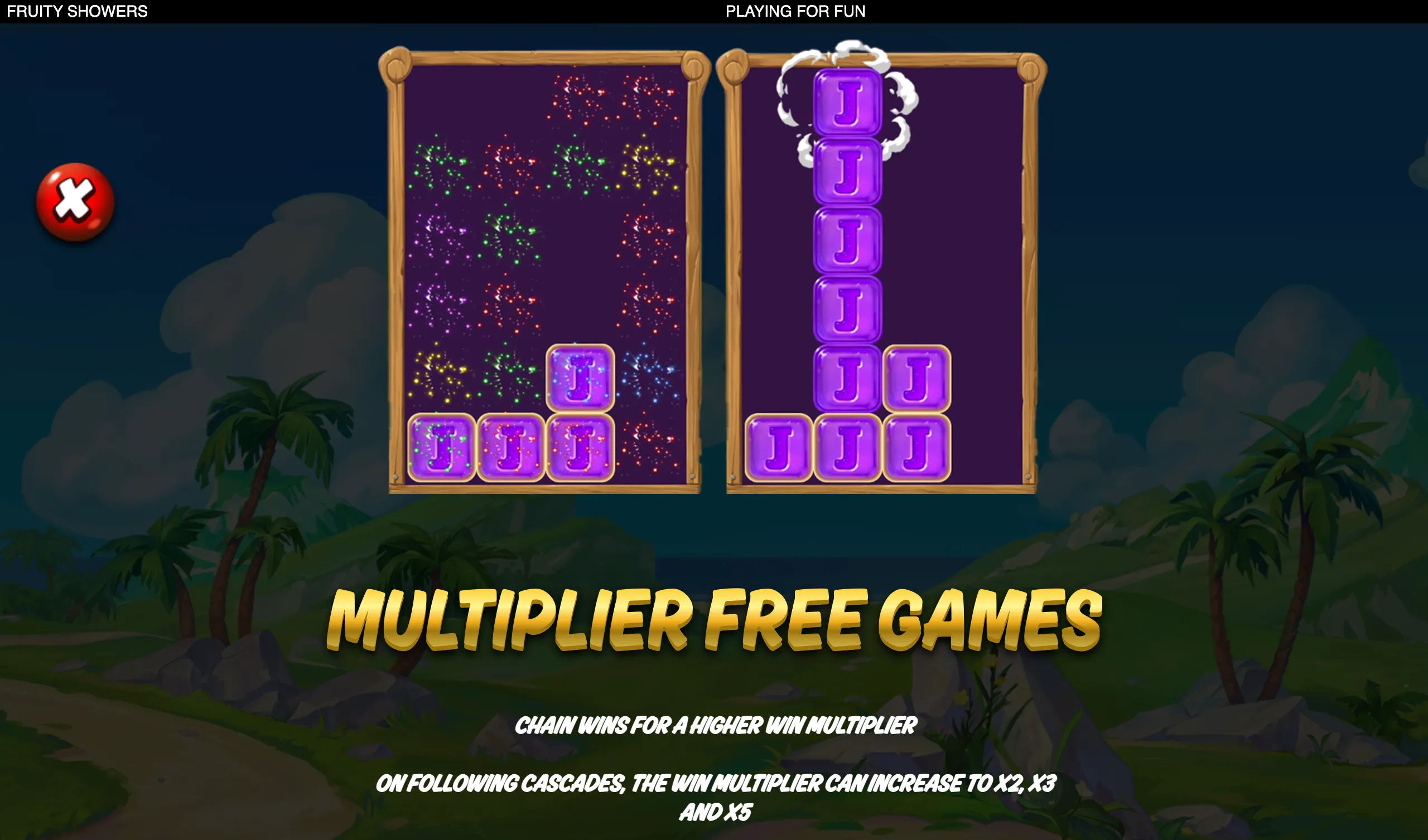 Fruity Showers slot artwork featuring purple J symbols, sparkling cascades, tropical palm trees, and bold text promoting multiplier free games.