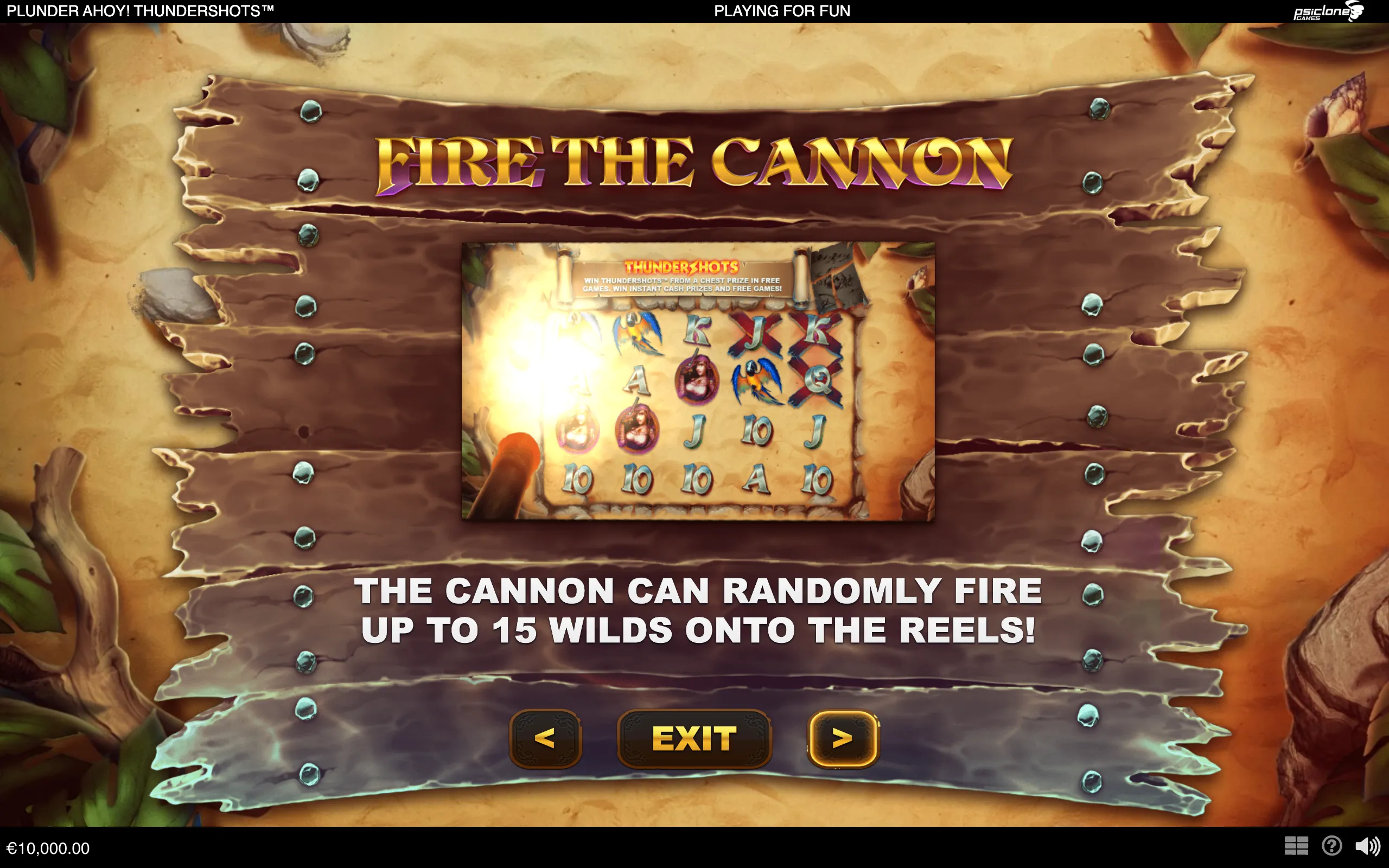 Pirate-themed Plunder Ahoy slot interface with a wooden treasure-map backdrop, cannon, parrot symbols, pirate character symbols, and the feature text “Fire the Cannon.”