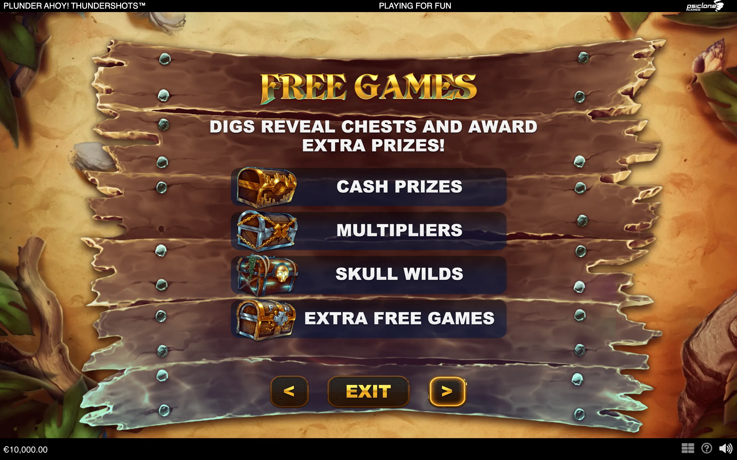 Plunder Ahoy: Thundershots free-games menu on a weathered wooden treasure map, listing chest rewards including cash prizes, multipliers, skull wilds, and extra free games.