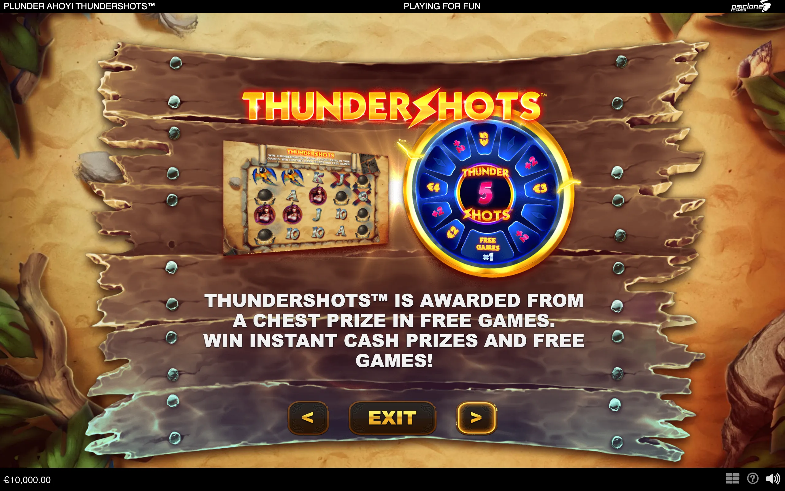 Pirate-themed Plunder Ahoy slot promotion featuring a wooden treasure-map board, reel symbols, and a glowing ThunderShots prize wheel with cash values and free games.