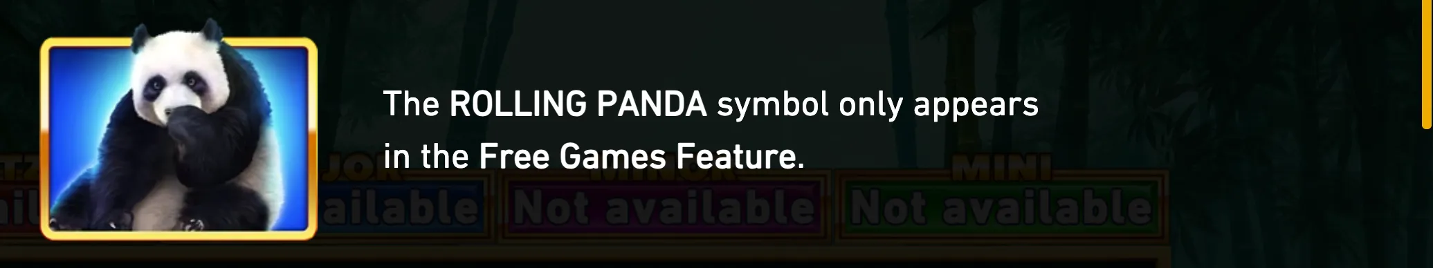Panda Blitz promotional graphic featuring a seated panda symbol and text explaining that the Rolling Panda appears only during the Free Games Feature.