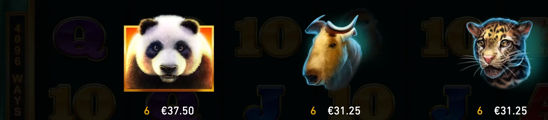Panda Blitz slot symbols featuring a panda, bull, and leopard with six-symbol payouts of €37.50 and €31.25 against dark reel graphics.