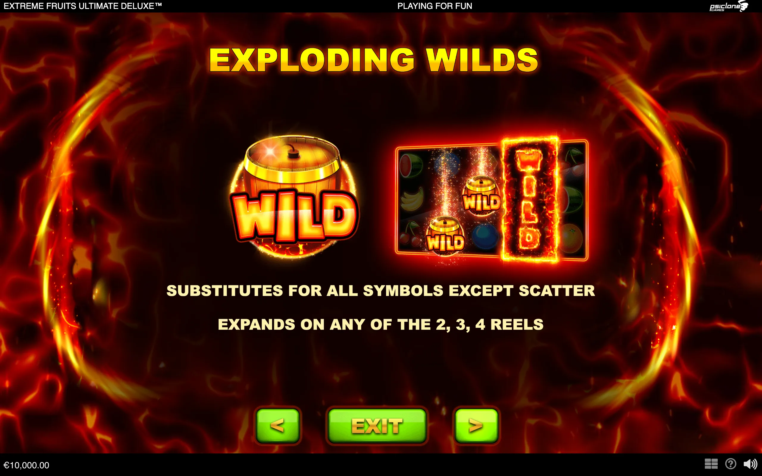 Extreme Fruits Ultimate Deluxe feature panel with glowing barrel wilds, fruit symbols, and fiery red-orange effects announcing exploding wilds.